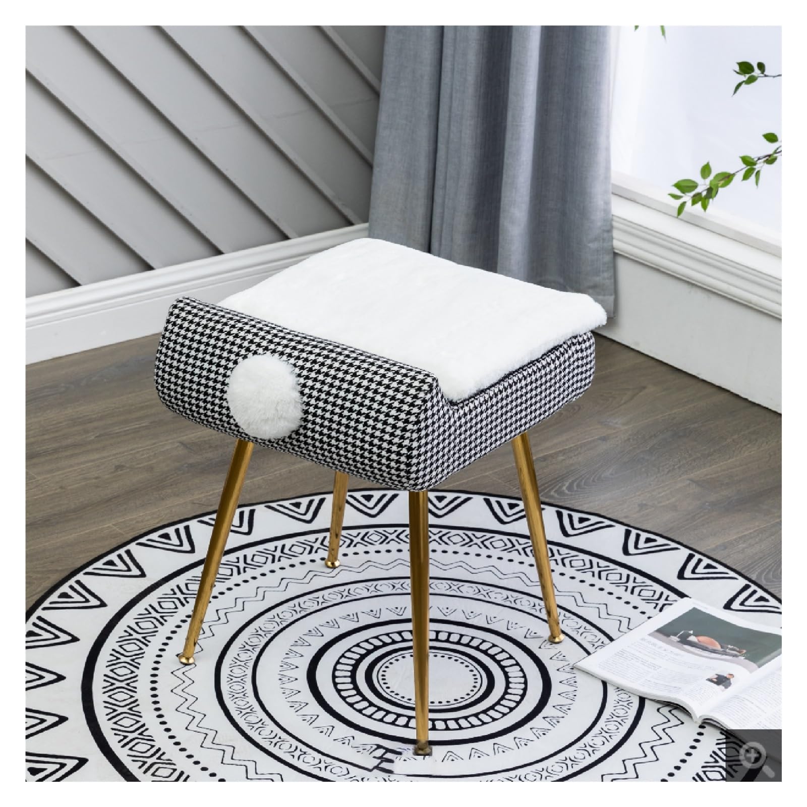 Chaise d'appoint damier 41x40x47 cm avec tabouret de rangement et repose-pieds rembourré