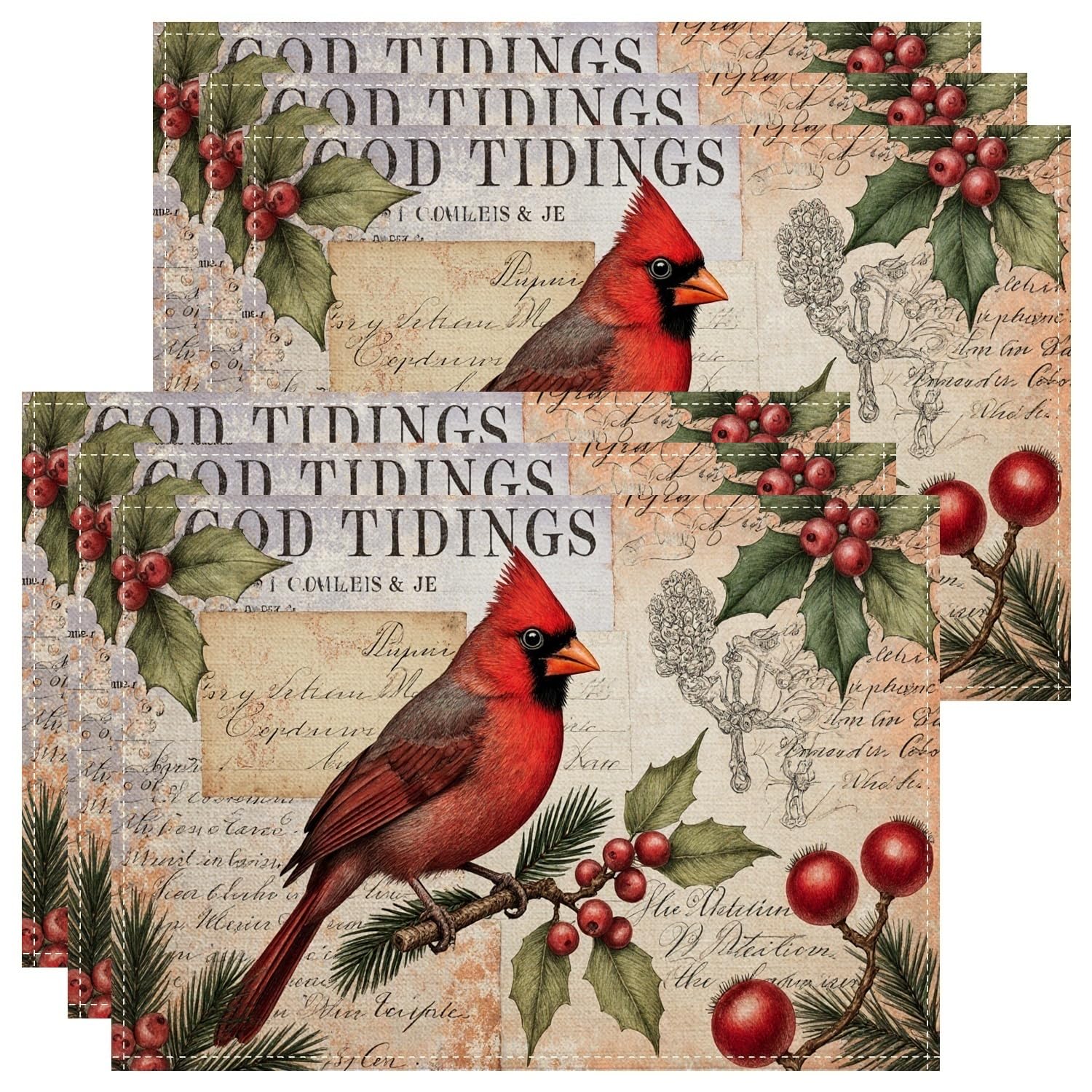 Christmas Cardinal Placemats, Vintage Botanical Place Mats for Dining Table, Holiday Non-Slip Washable Indoor Outdoor Kitchen Party Decorative Placemat Set of 6