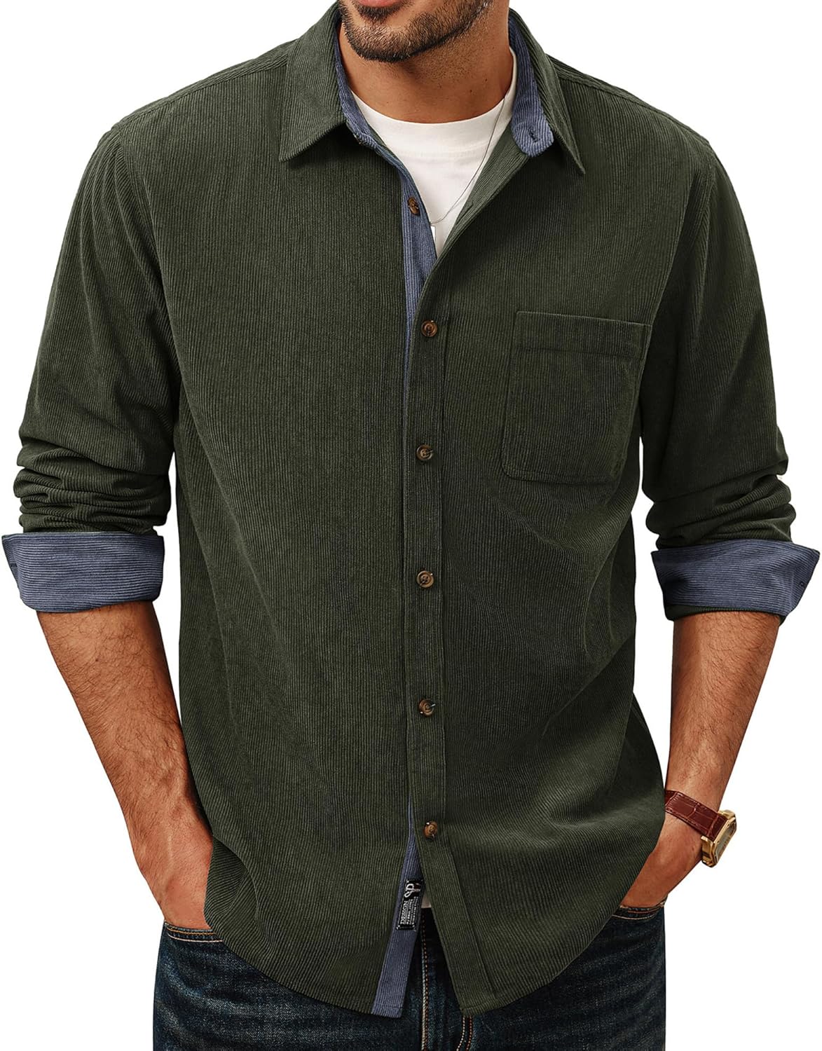 PJ PAUL JONES Men's Corduroy Button Down Shirt Long Sleeve Casual Collared Wrinkle Free Untucked Shirts with Pocket