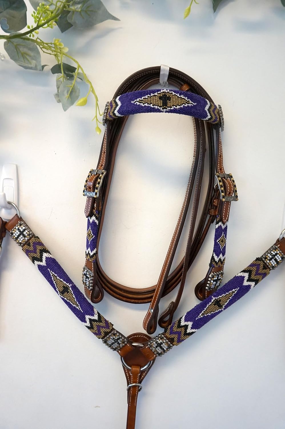 Pony Leather Headstall and Breast Collar Set Color Beaded with Gold & Black Beaded Overlay and Cross