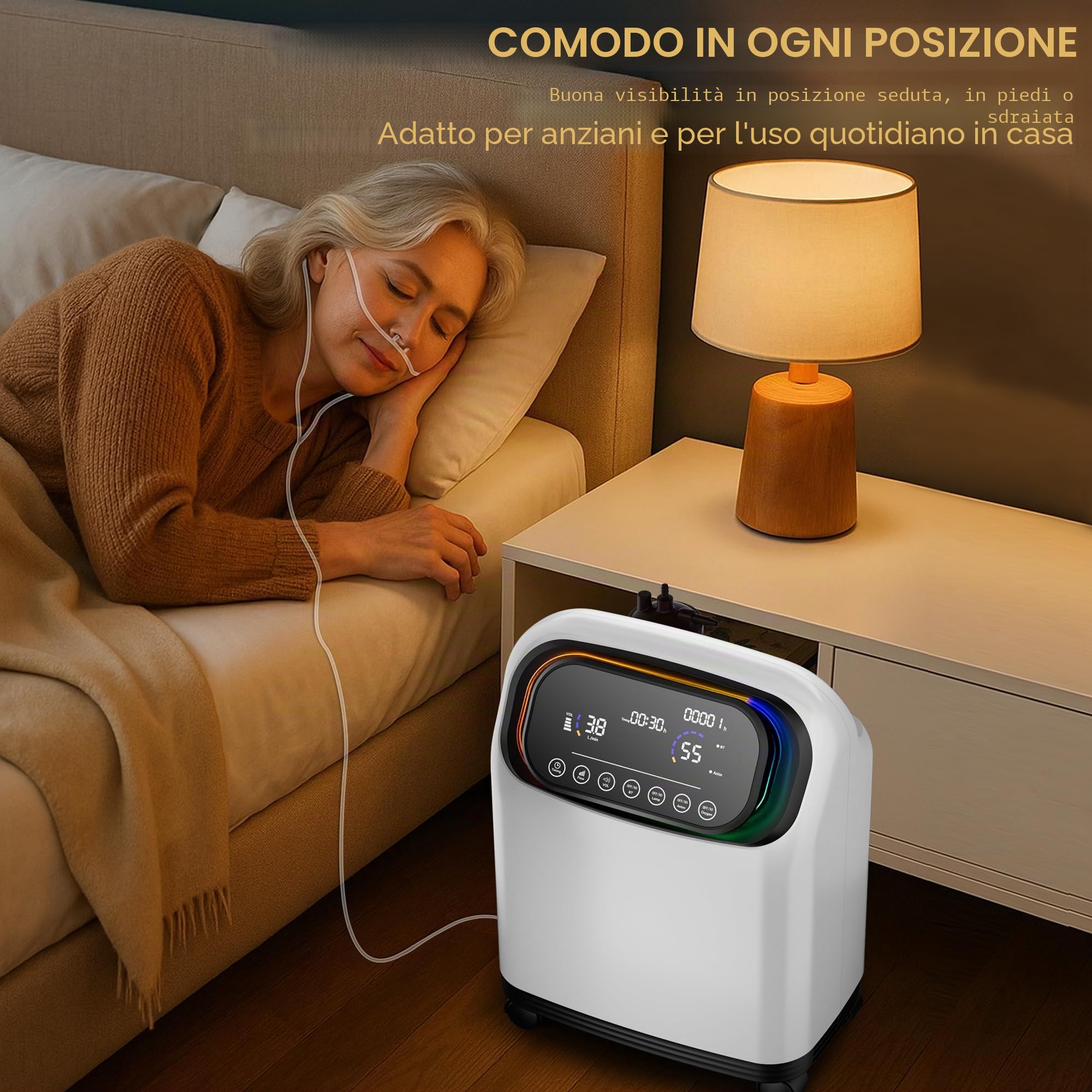 Concentratore di ossigeno, fornisce ossigeno altamente concentrato al 93% e livelli regolabili da 1 a 8. Con telecomando, ruote girevoli per una mobilità fluida e pratica maniglia per il