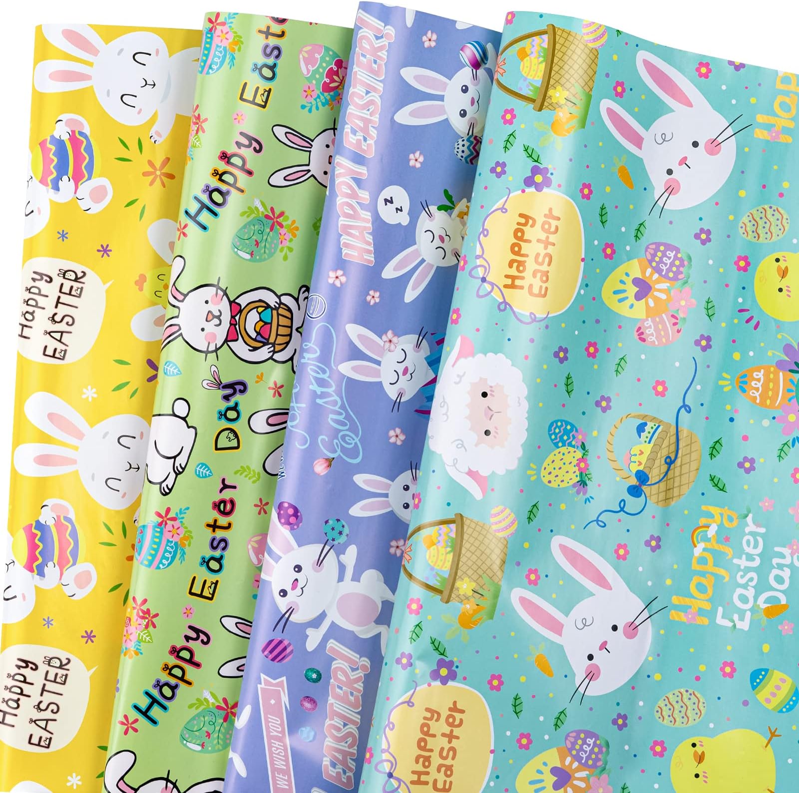 LeZakaa Happy Easter Wrapping Paper Sheet, Easter Bunny, Egg, Blooming Spring Flowers & Lamb Design for Kids, Boys, Girls, 27.5 x 19.6 inches Per Sheet