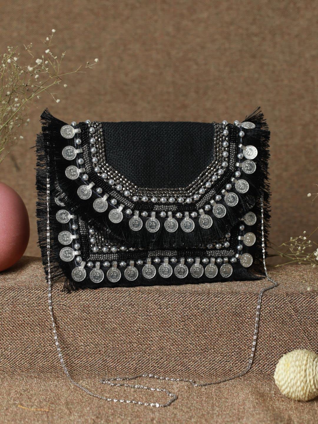 Priyaasi Jute Coin Embellished Handmade Sling Bag for Women - Stylish, Trendy, Antique, Casual Crossbody Bag with Detachable Chain, Magnetic Closure, Black - Image 4 thumbnail