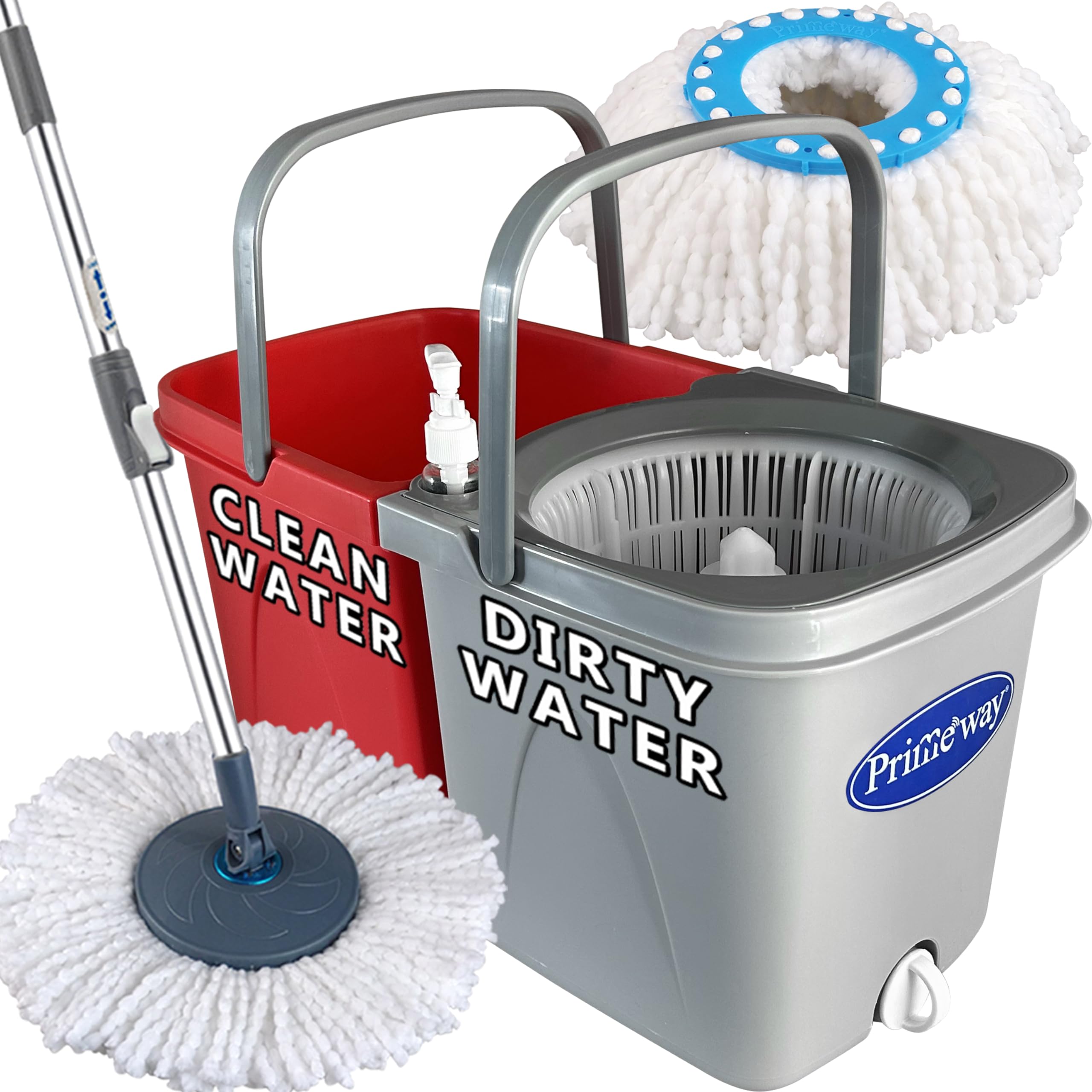 Primeway® Plastic SS Twin Bucket Spin Mop with 2 Microfibre Refills 34cm | 127cm Floor Cleaning Mop Stick with Bucket | Clean and Dirty Water Separate Buckets | 6 LTR | Grey and Red