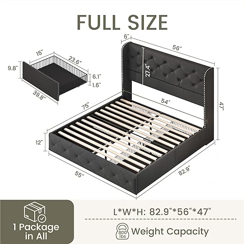 Miniatura 83 de LARMACE - Marco de cama tamaño King con 4 cajones de almacenamiento y cabecera tapizada con botones, cama de plataforma tapizada en lino con