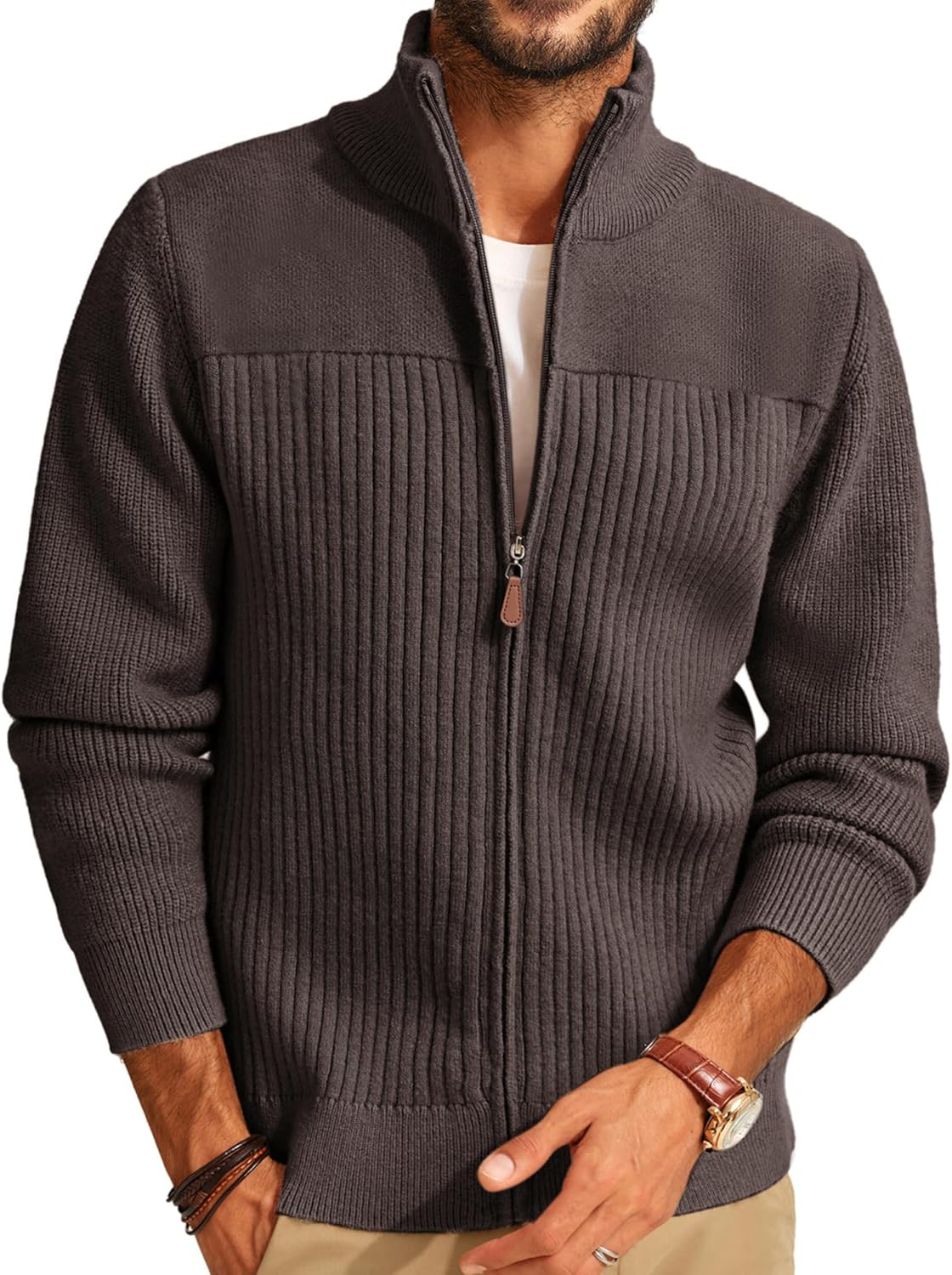 PJ PAUL JONES Men's Full Zipper Cardigan Casual Stand Collar Cardigan Sweater Ribbed Knit Long Sleeve Sweater