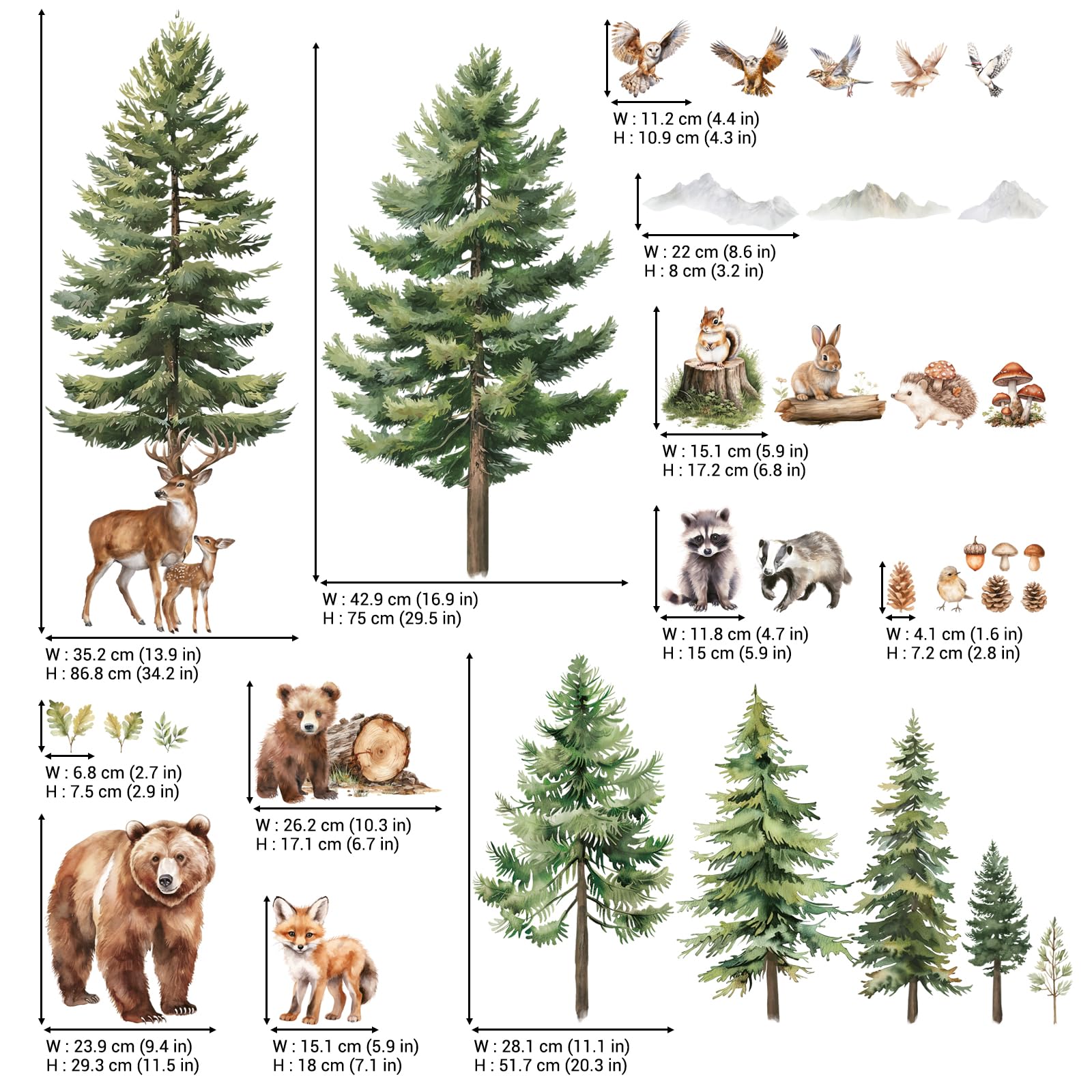 DECOWALL Sticker mural forêt – Aquarelle ours, cerf & renard avec arbres, autocollants muraux détachables pour chambre d'enfant, chambre de bébé, salle de jeux (SG4-2520)