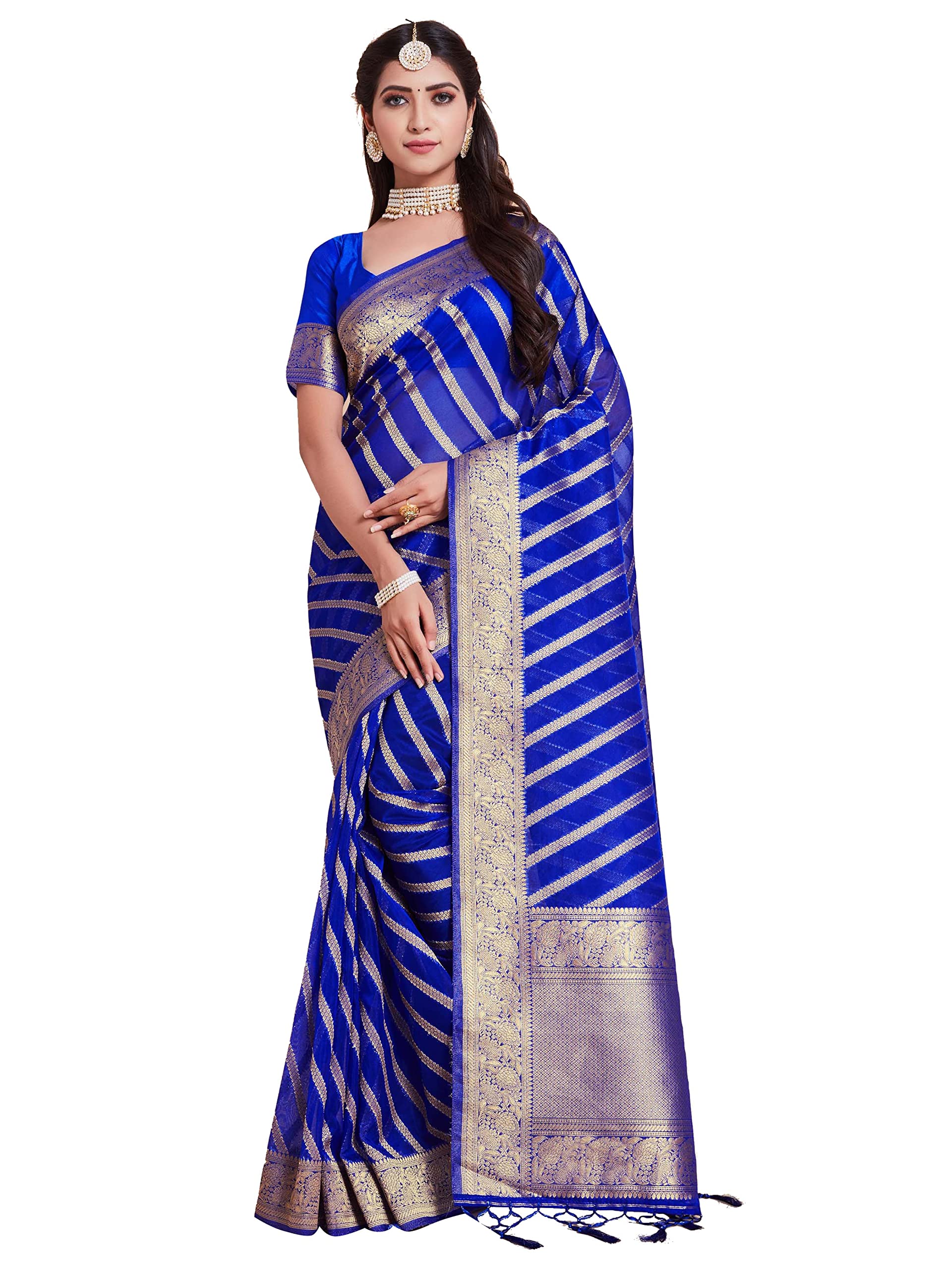 Elina fashion Womens Ready to Wear Blue Organza Silk One Minute Pre Pleated Indian Saree With Unstiched Blouse