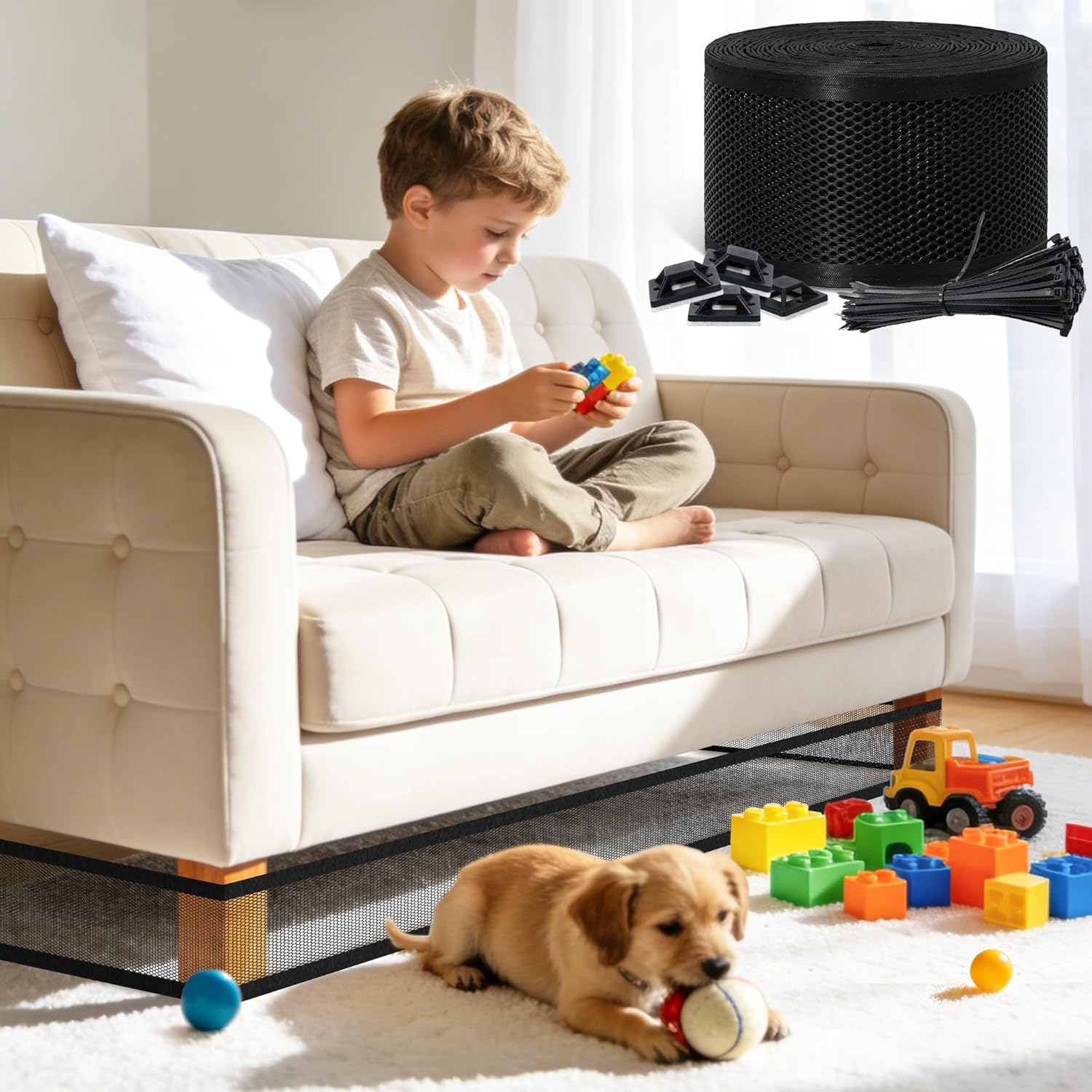 Under Couch Blocker for Toy, sunoyar Under Bed Blocker for Pets Adjustable, Toy Stoppers for Under Furniture & Sofa Plastic Mesh with Zip Ties Gap Guard Stops Lost Toys (L394 x H4)