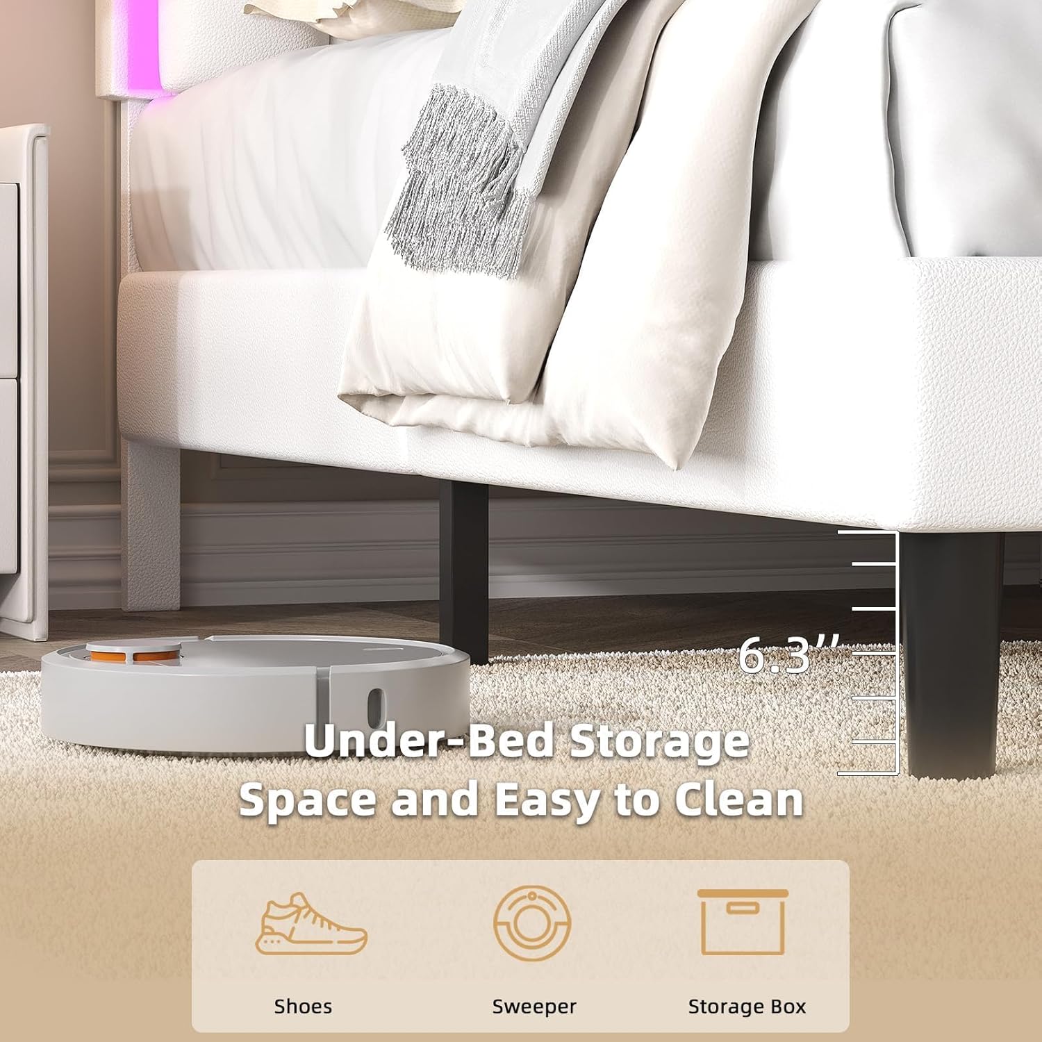 Queen Size Bed Frame with LED Lights, Faux Leather Queen Bed Frame with Headboard, Upholstered Platform Bed Frame Queen, No Box Spring Needed, Noise-Free, Easy Assembly, White