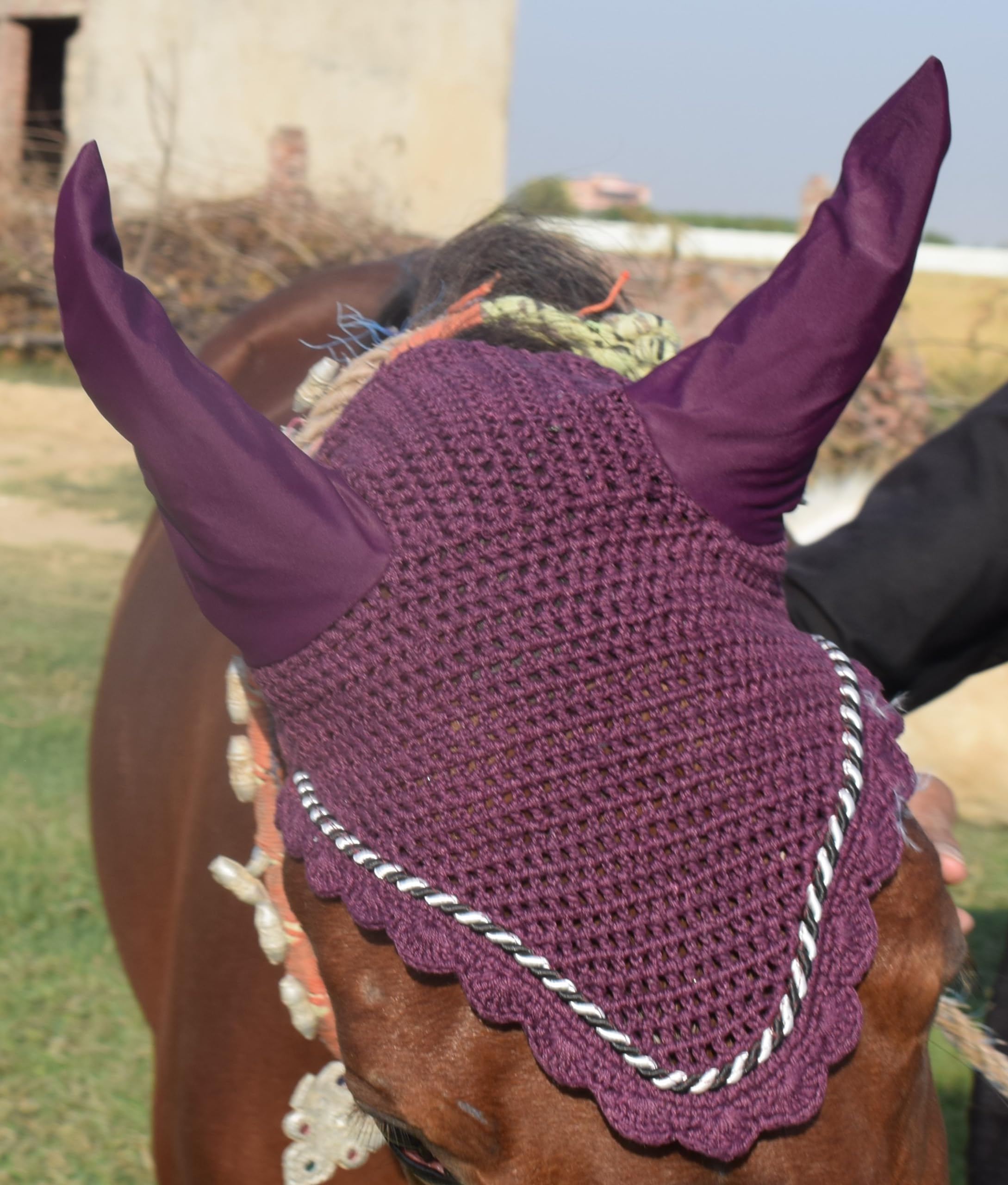 ZAINEE HORSE FLY VEIL EAR BONNET NET BREATHABLE COTTON HAT EQUESTRIAN (Pony, Berry) — view 7