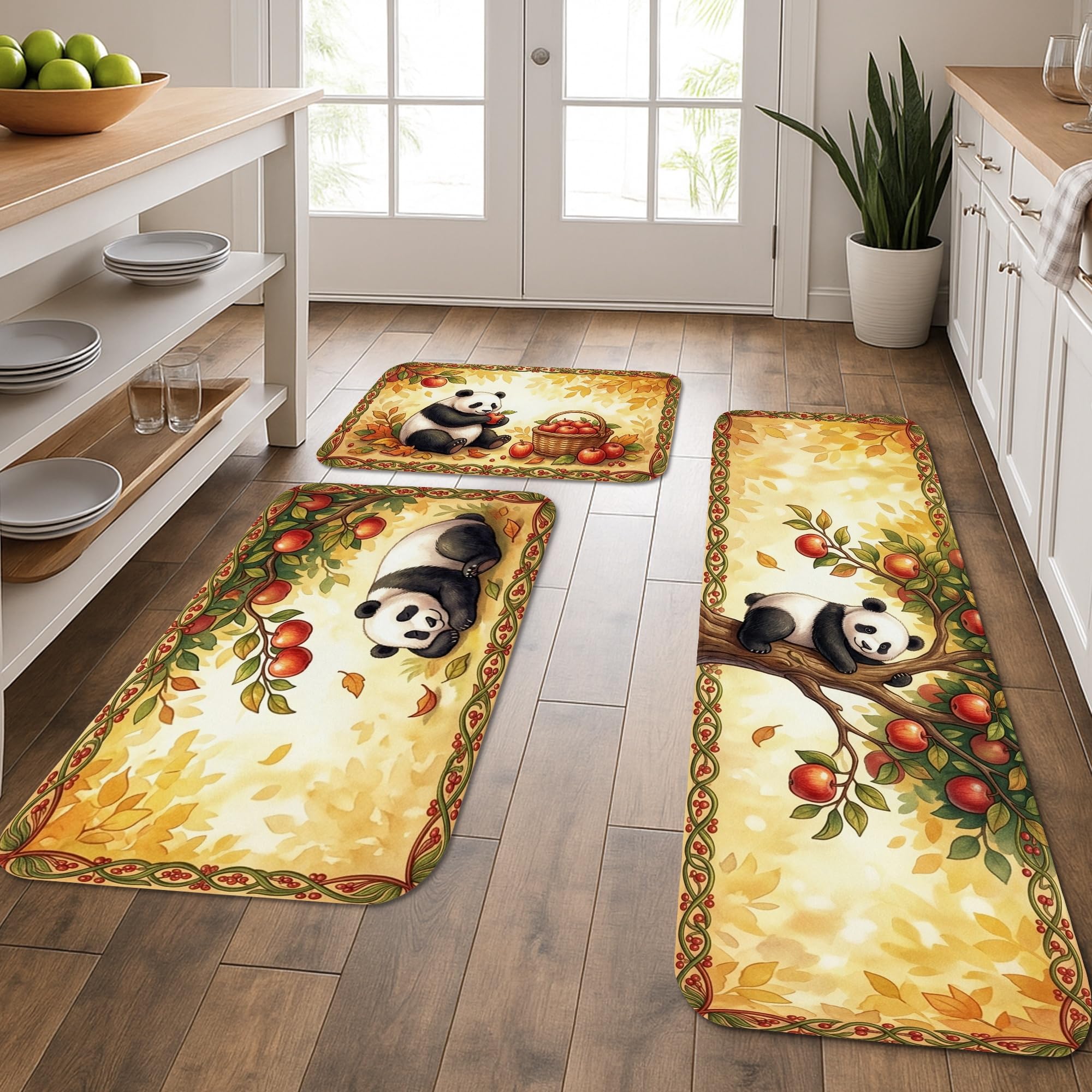 Tapis de cuisine lot de 3 motif panda jaune automne pour évier et entrée