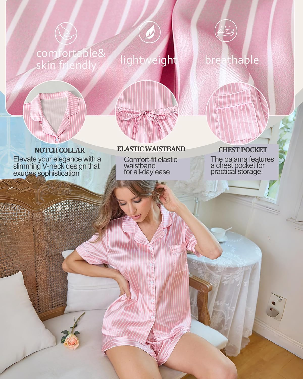 Womens Satin Pajamas Set 2 Piece Striped Lounge Sets Silk Pjs Short Sleeve Loungewear Button Down Sleepwear（S-XL） - Image 5