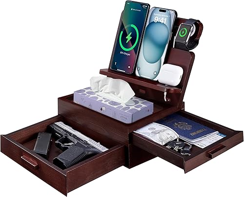 MD MADOATS Estación de acoplamiento de madera para teléfono, regalo para hombres, soporte de carga para teléfono celularrelojaudífonos, organizador