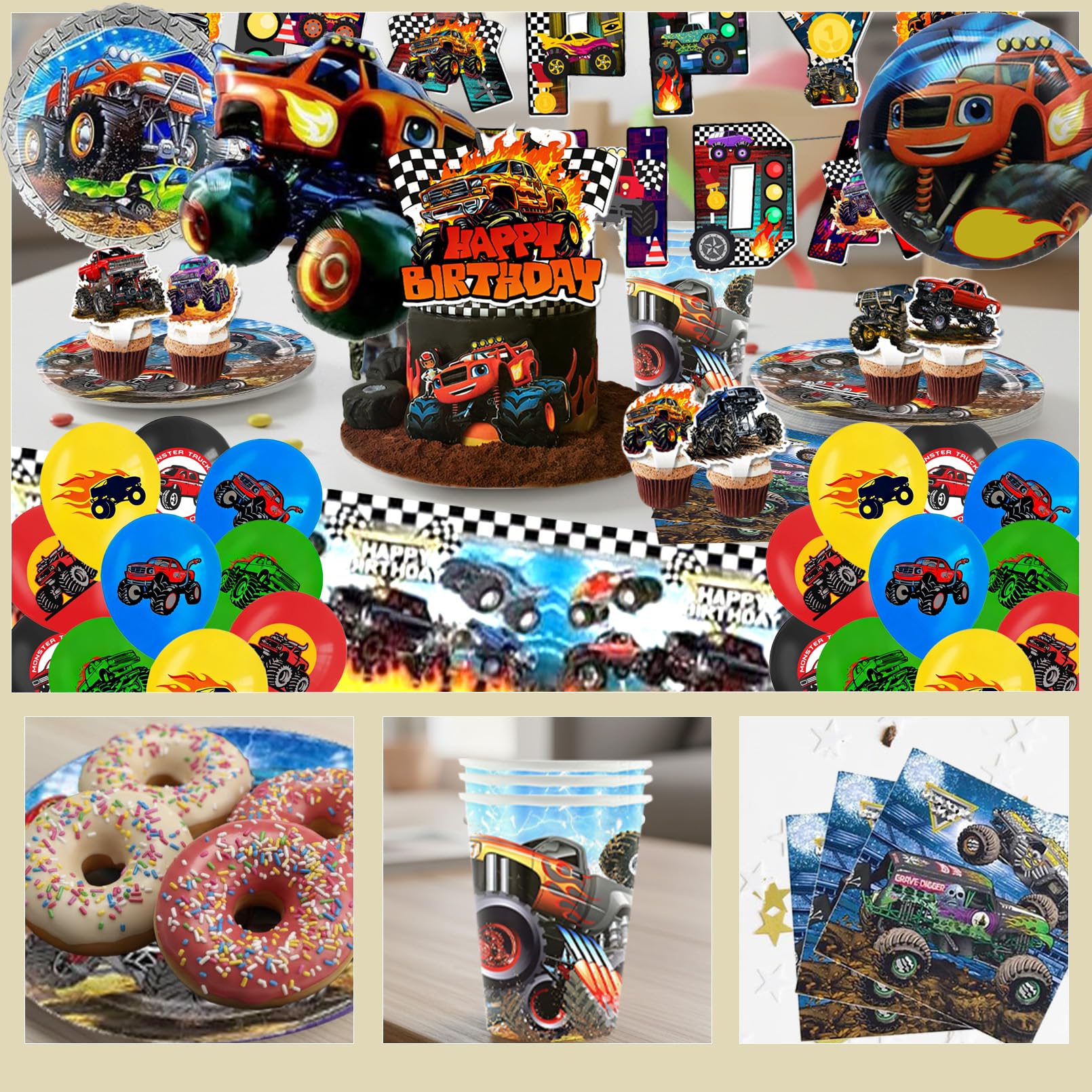 88 Stück Geburtstagsdeko, Monster Truk Partygeschirr Set, Geburtstags Deko, Monster Truk Kuchen Deko, Geburtstags Tischdeko