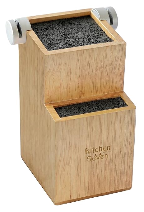 Bamboo Universal Knife Block - Knife Holder with 2 Built-in Knife Sharpeners 2-Tiered Modern Knife Storage Up to 16 Large and Small Knives Easy Clean Wooden Knife Organizer by Kitchen Seven