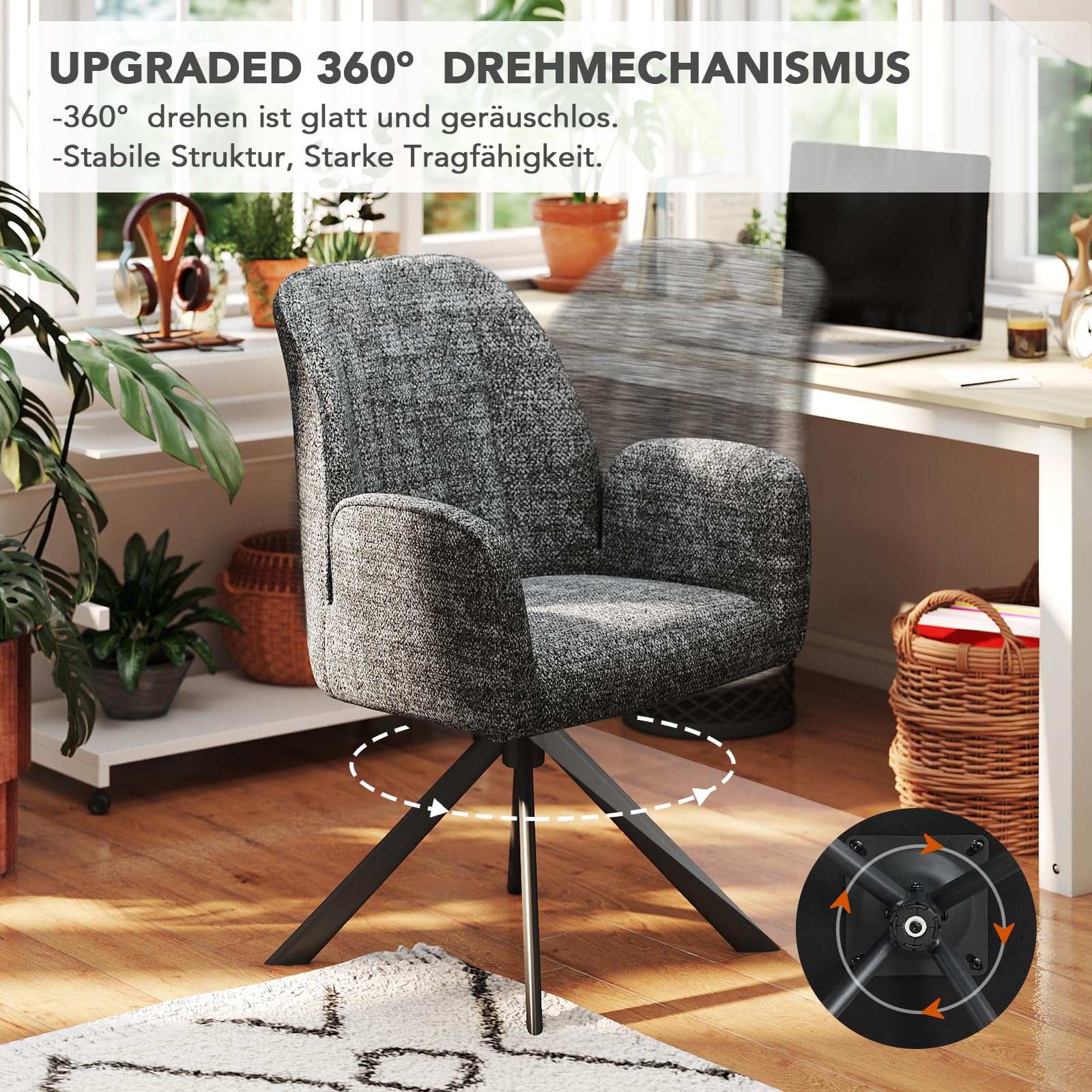 2er Set Esszimmerstühle Drehbar mit Armlehne, 360°Drehbar Polsterstuhl Küchenstuhl aus Chenille, Stühle Esszimmer Schminkstuhl Drehstuhl mit Metallbeine für Esszimmer Schlafzimmer, Dunkelgrau