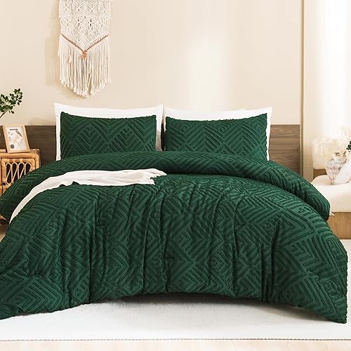 Andency Dark Emerald Green Comforter King Size Set, 3 Pieces Boho Bedding Set & Collections, Farmhouse Tufted Forest Green Bedding Comforter Sets for King Bed (1 Comforter 104x90In, 2 Pillowcases)