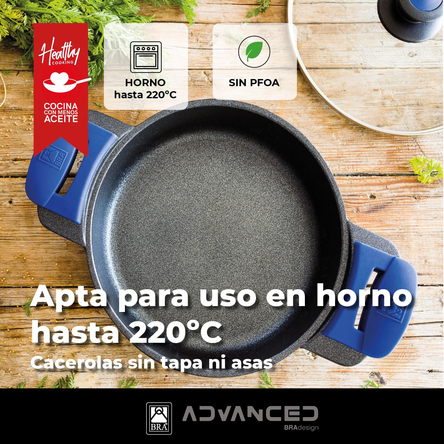 BRA Advanced | Cacerola baja 28 cm, aluminio fundido con antiadherente, sin PFOA reforzado de rendimiento superior y resistencia a los arañazos y a la abrasión, Inducción Negro Y Azul