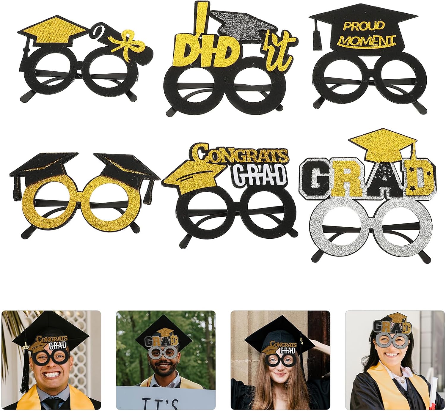 Housoutil Graduation Glasses Photo Props Set, 6pcs Cap-Shaped Eyeglasses for Party Fun, Photobooth Decoration for Graduation Season and Gathering