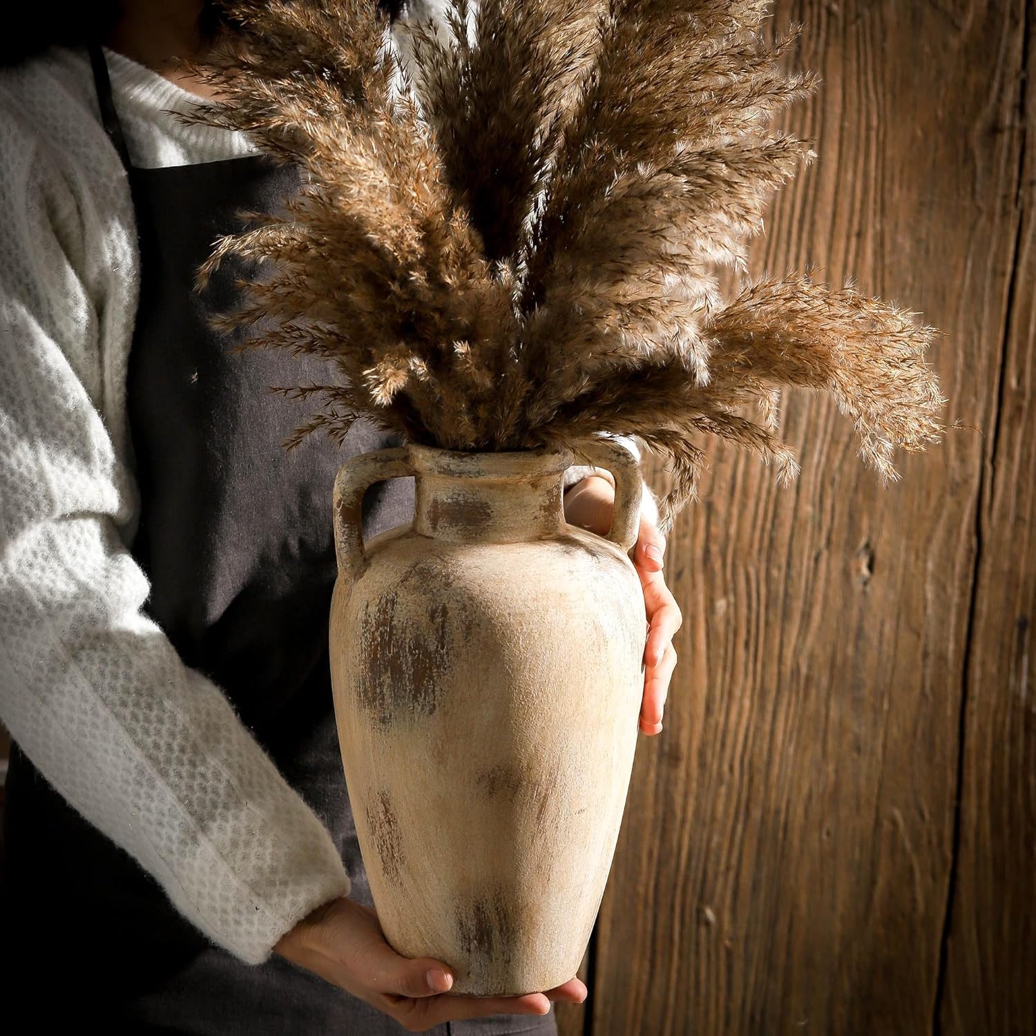 Large Ceramic Flower Vase,11.41 inch Tall Terracotta Farmhouse Rustic Vase with 2 Handles for Home Decor, Living Room Shelf Decor, Enterway, Wedding, Table Decoration - Image 2