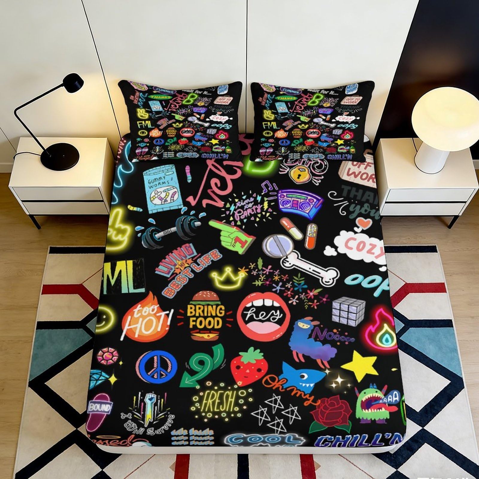 Pnayamiorkfel Style-10 3D Printed Neon Graffiti Fitted Sheet Microfiber Soft Mattress Cover For Bedroom Dorm Decor Protection 90X200x25cm