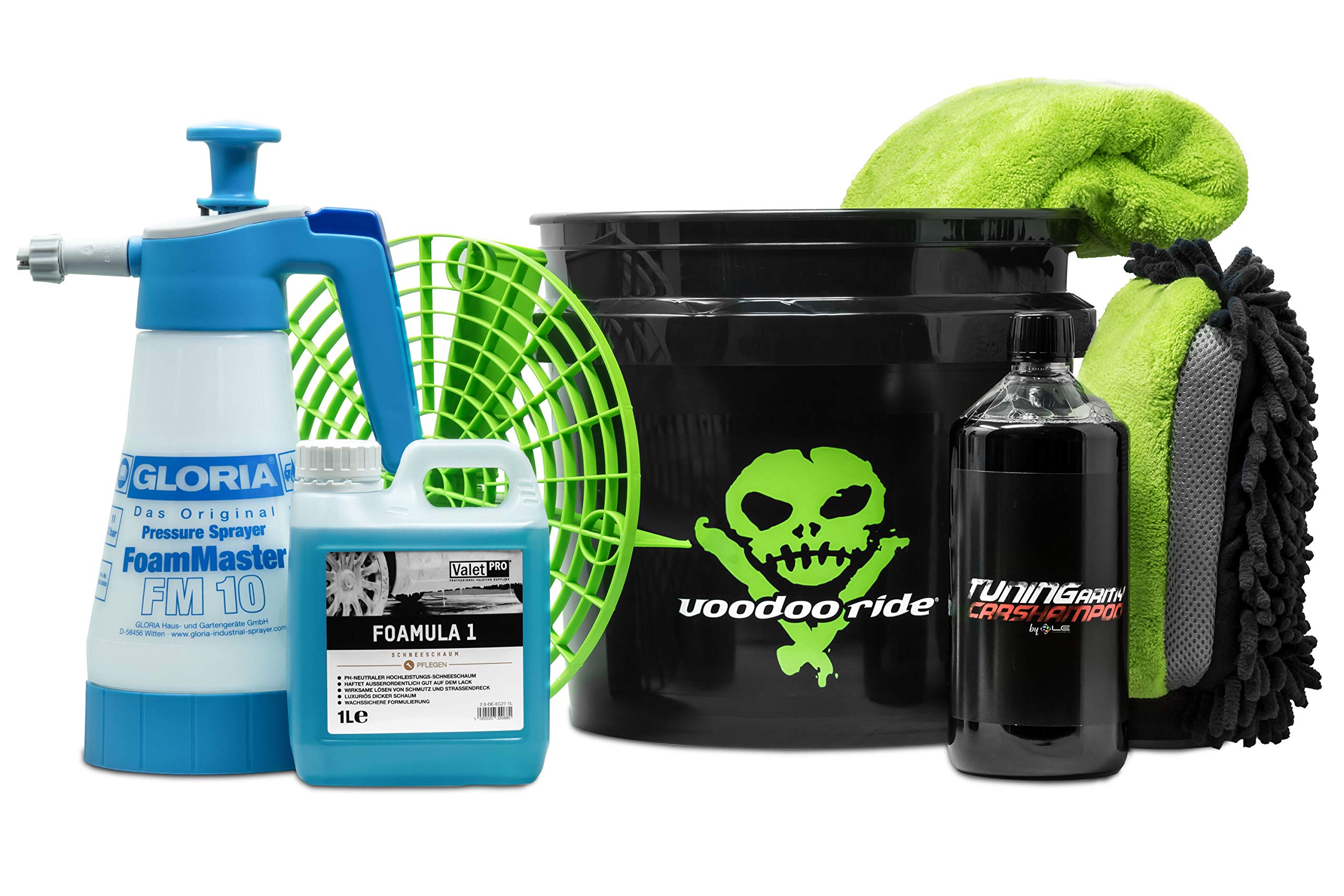 detailmate Juego de lavado para coche Voodoo Ride: Bucket 12L Made by GritGuard & Schmutzeinsatz 3 en 1 - Liquid Elements Auto Shampoo - ValetPRO: Snow Foam, Dry Foam, Gloria Foam Maser FM10