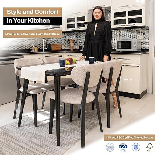 Miniatura 5 de BISCHAIR - Juego de 4 sillas de comedor de madera tapizadas de mediados de siglo modernas para muebles de habitación con diseño ergonómico duradero