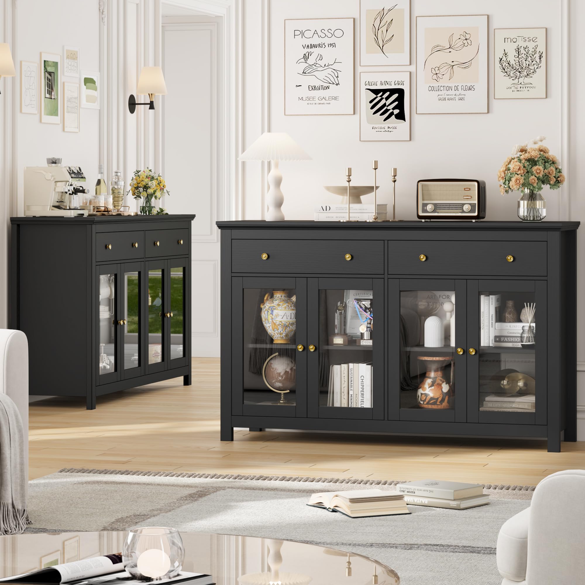 FirFurd Buffet Portes Vitrées Meuble Cuisine Rangement Noir 140x40x90.7cm