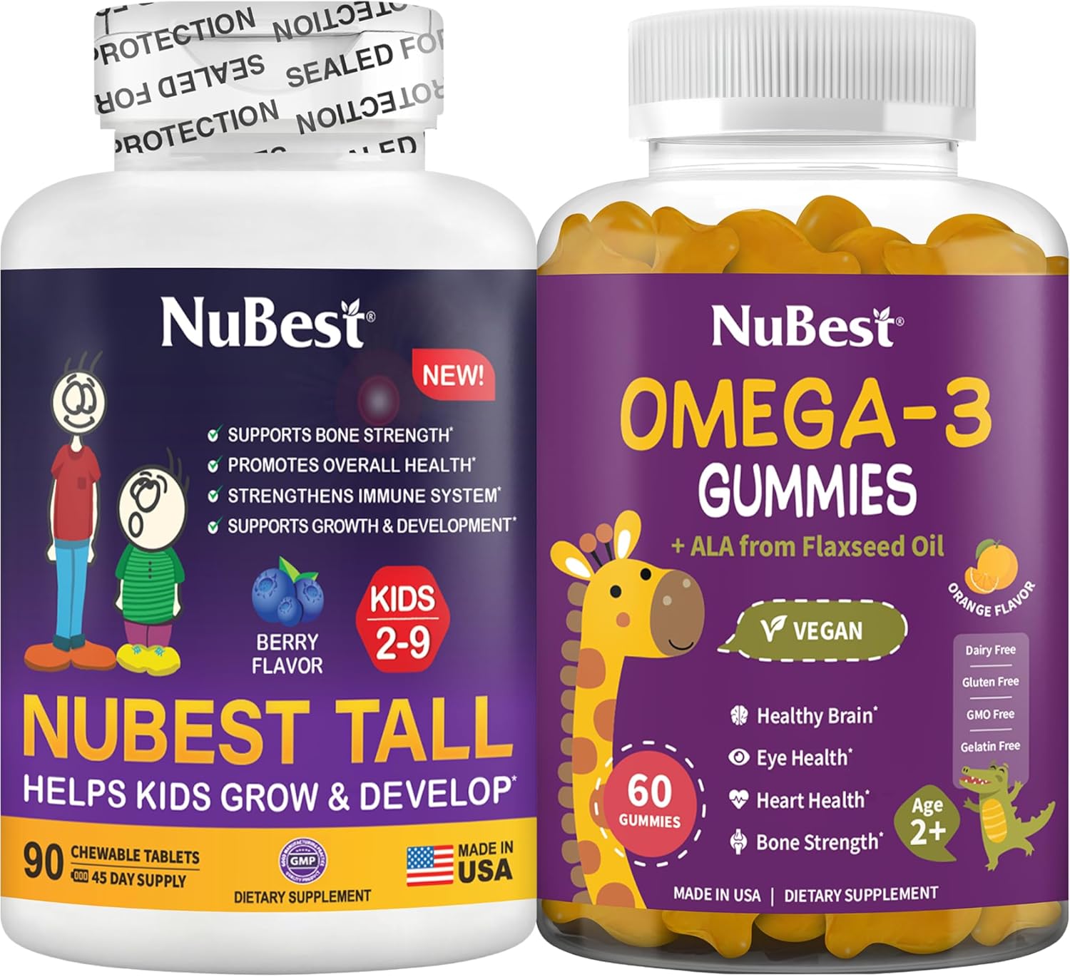 NuBest Bundle Daily Nutrition for Kids & Teens Tall Kids 90 Chewable Tablets and Omega 3 Gummies Flaxseed Old - Support Bone Growth, Brain Health, and Immune