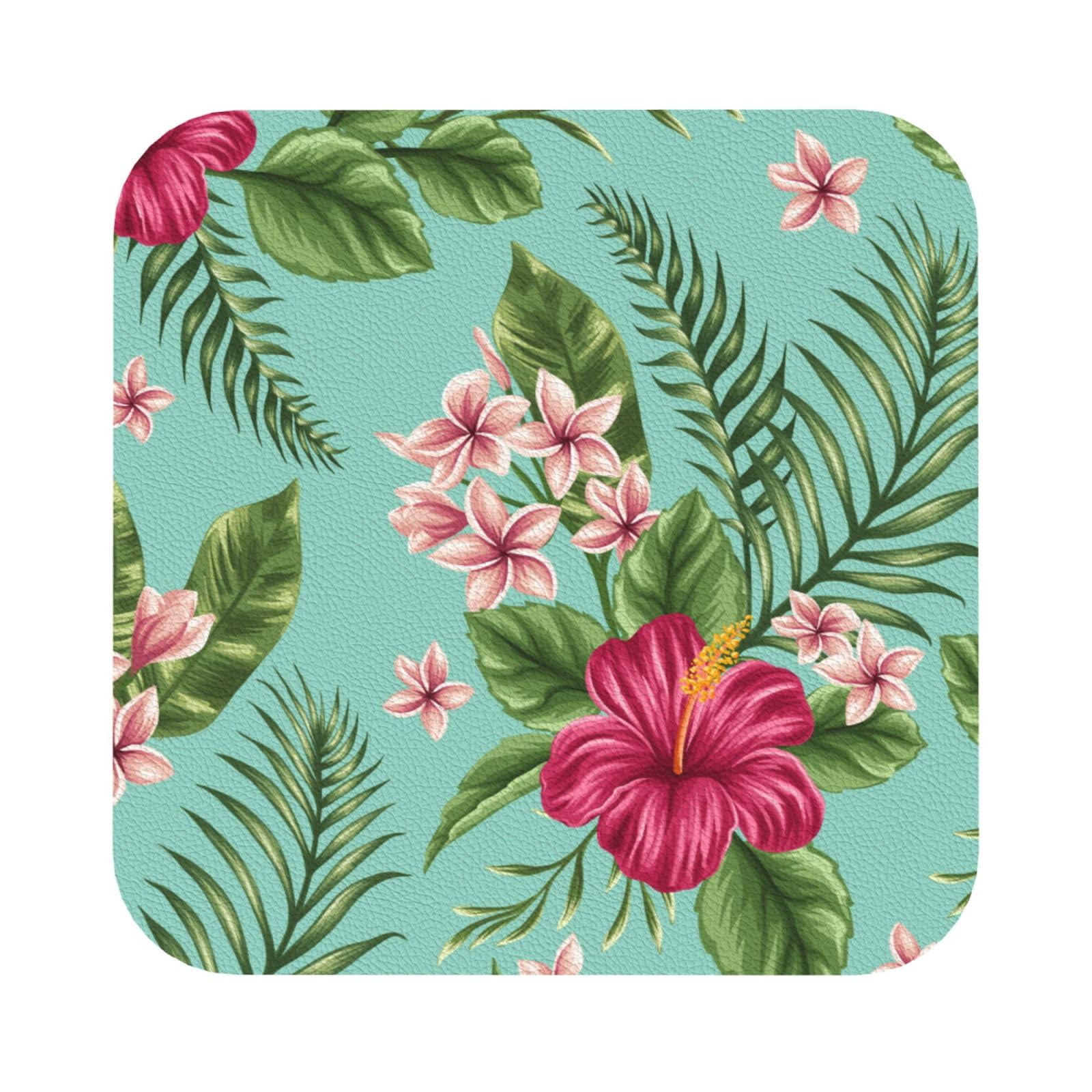 Hawaiian Tropical Leaves Flowers PU Leather Coasters Set of 6 Square Drink Coasters