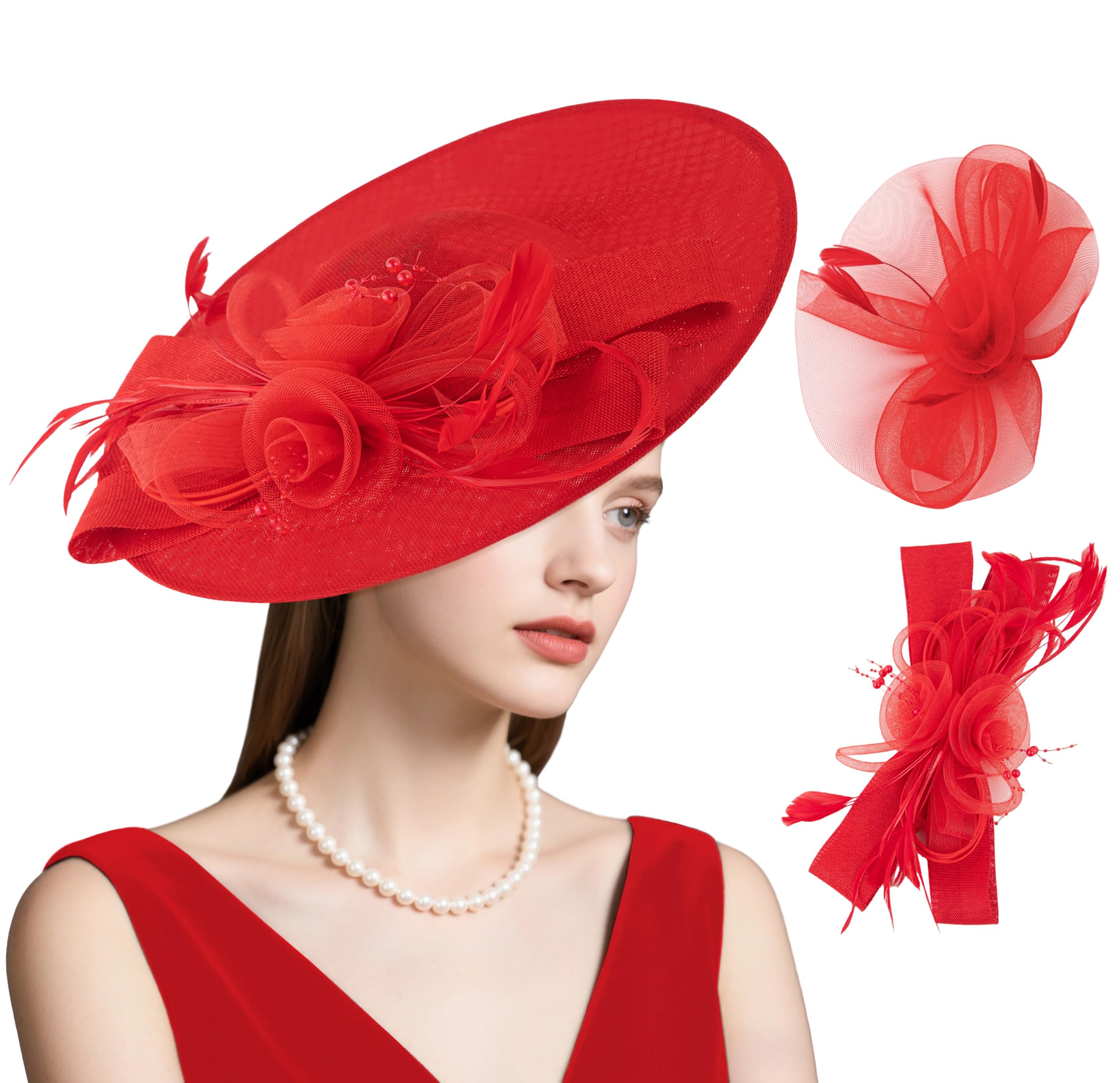 View 1 of ***FACTORY SEALED*** dressfan Wide Brim Fascinator Derby Hats for Women,20s Linen Detachable Flowers Big Fascinator Hat with Headband for Derby Church Wedding Tea Party,X38-Red