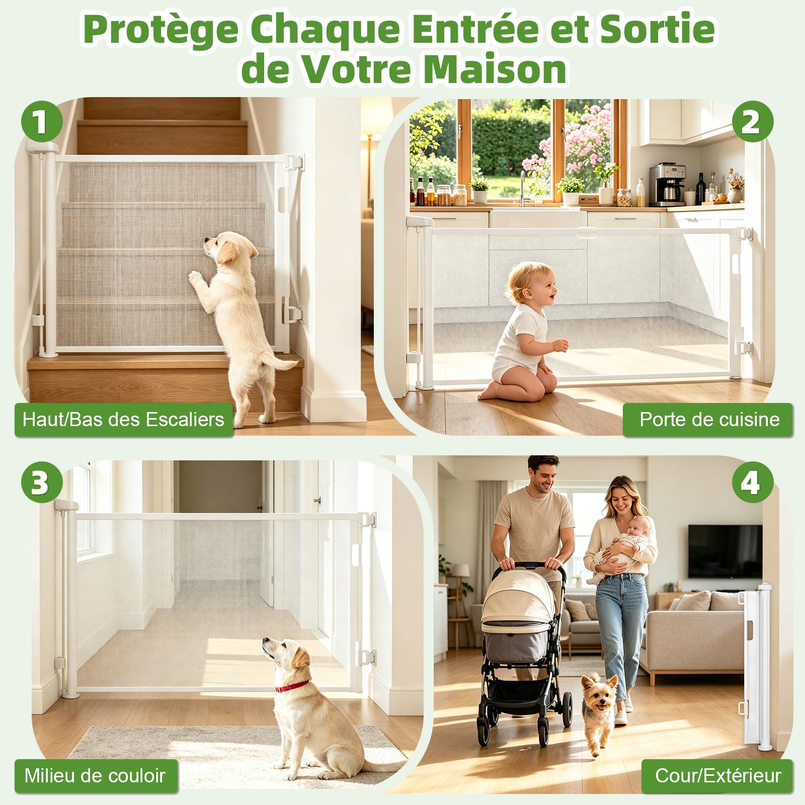 Dioxide Barrière de Sécurité Rétractable pour Bébé, 0-150 cm Barriere Retractable Enfant, Barrière Sécurité Enfant Adaptée aux Escaliers, Couloirs, Intérieur et Extérieur (Blanc)