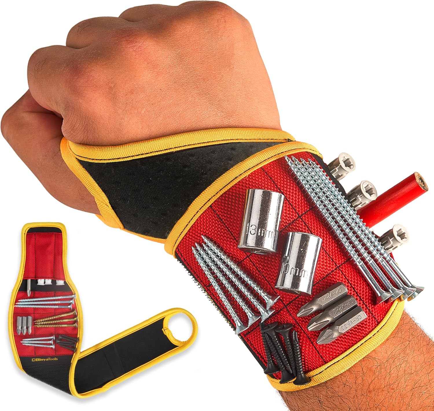 BINYATOOLS Magnetic Wristband for Tools Gift for Him Magnet Screw Holder Wrist Support Keeps Screws Nails Drill Bits Handy Unique Tool Gadgets for Men's & Dad (RED)