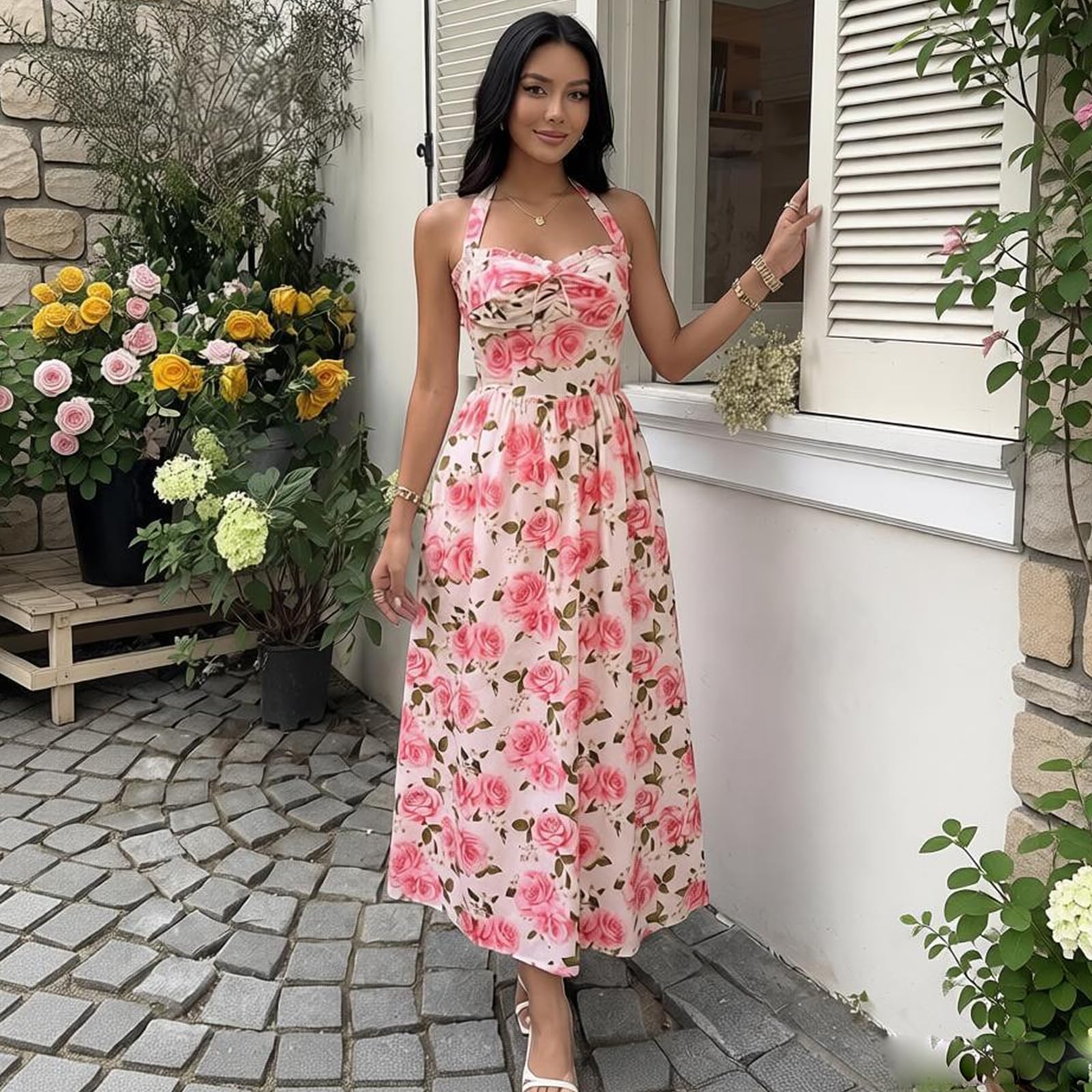 Letnia sukienka maxi w kwiaty – damska sukienka typu halter z regulowanym wiązaniem na szyi, marszczeniami i krojem w literę A; luźna sukienka letnia,L