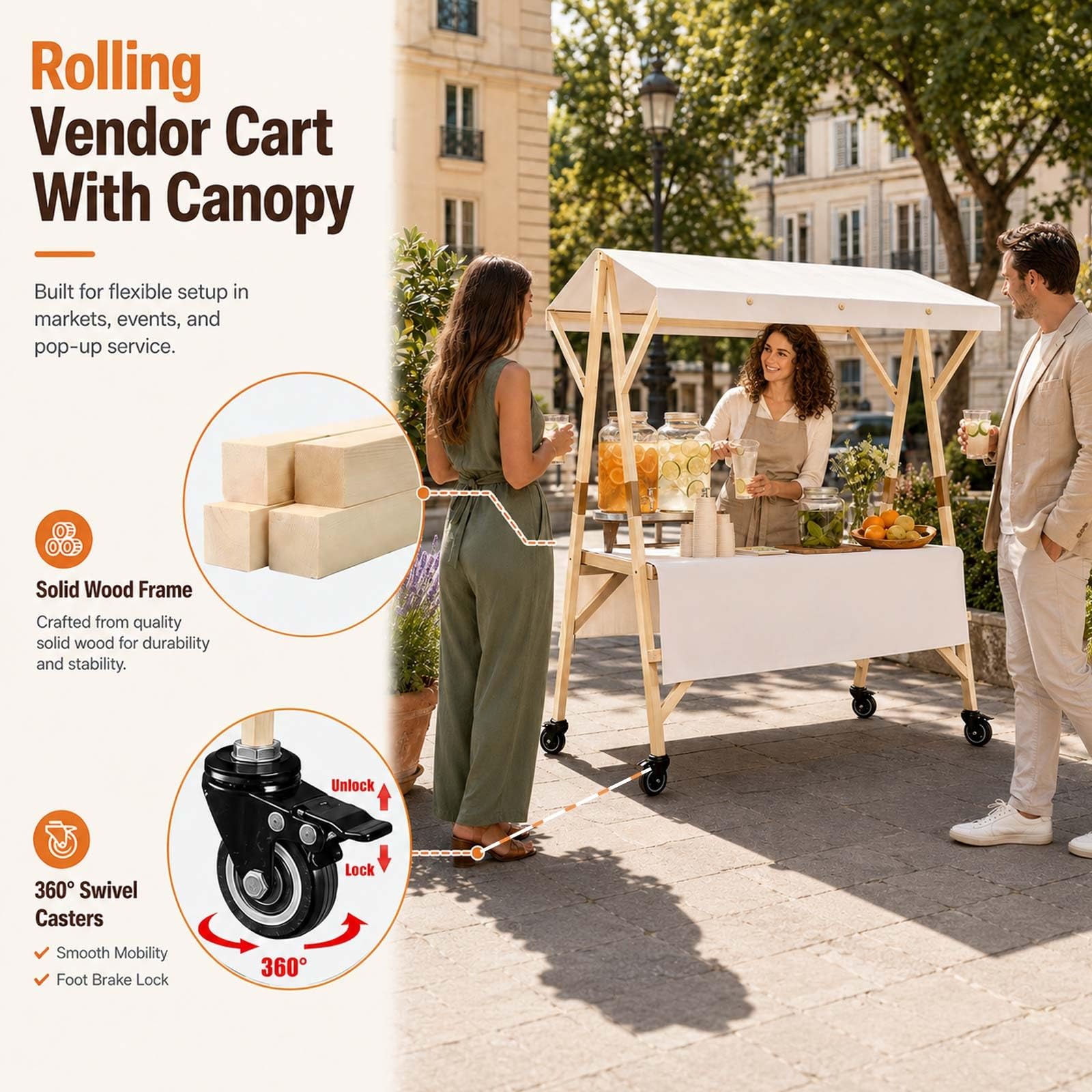 Puesto De Mercado con Toldo, Carrito De Comida Callejera De Madera, Carro Venta Ambulante, Kiosco Móvil con Ruedas, Stand Plegable para Catering Y Eventos Pop Up(Pink a,L 150cm/59in)