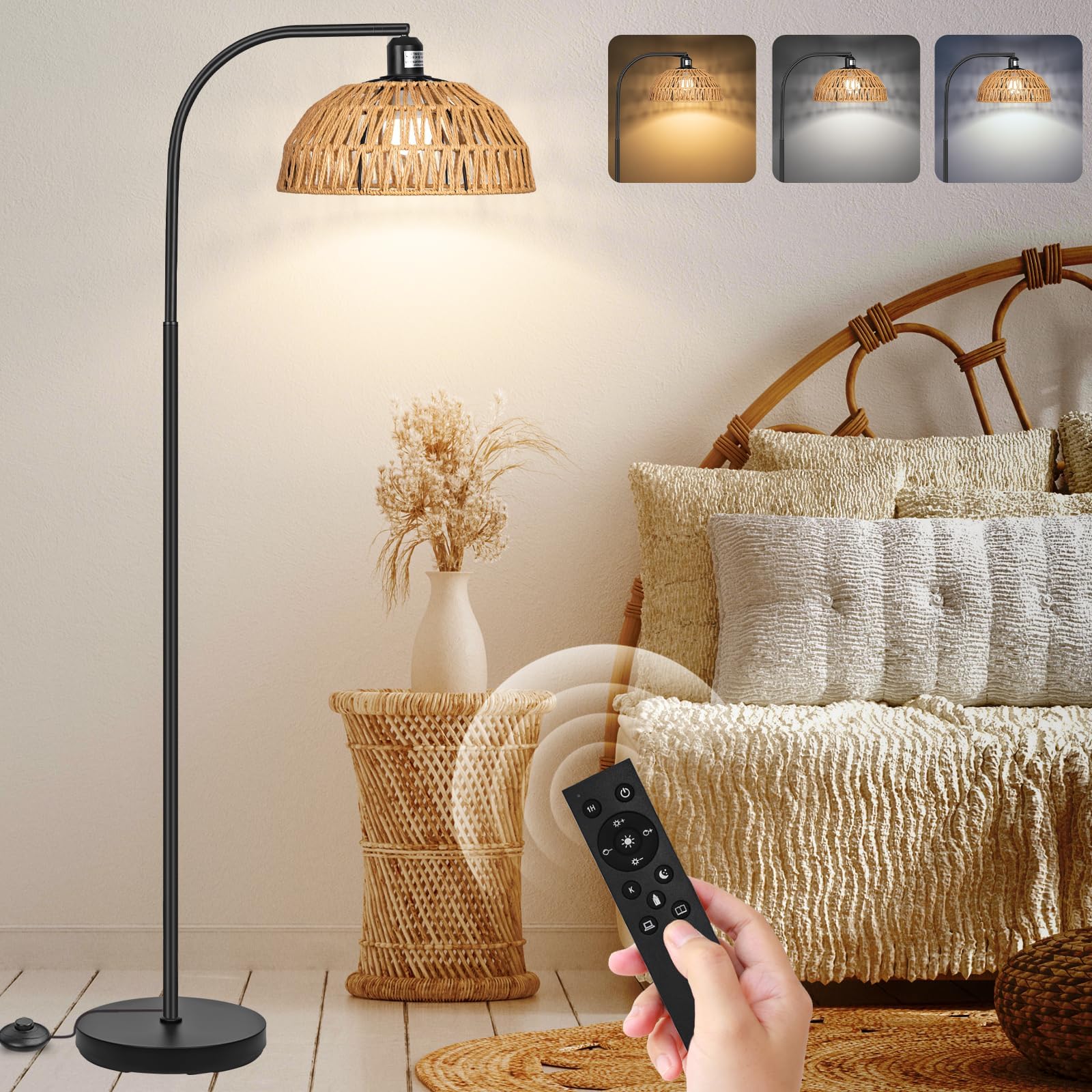 Rattan Floor Lamp- Boho Standing Lamp with Remote Control and Dimmable Bulb, Hand-Worked Adjustable Rattan Shades, Black Farmhouse Tall Lamp, Boho Arc Floor Lamps for Living Room, Bedroom, Office