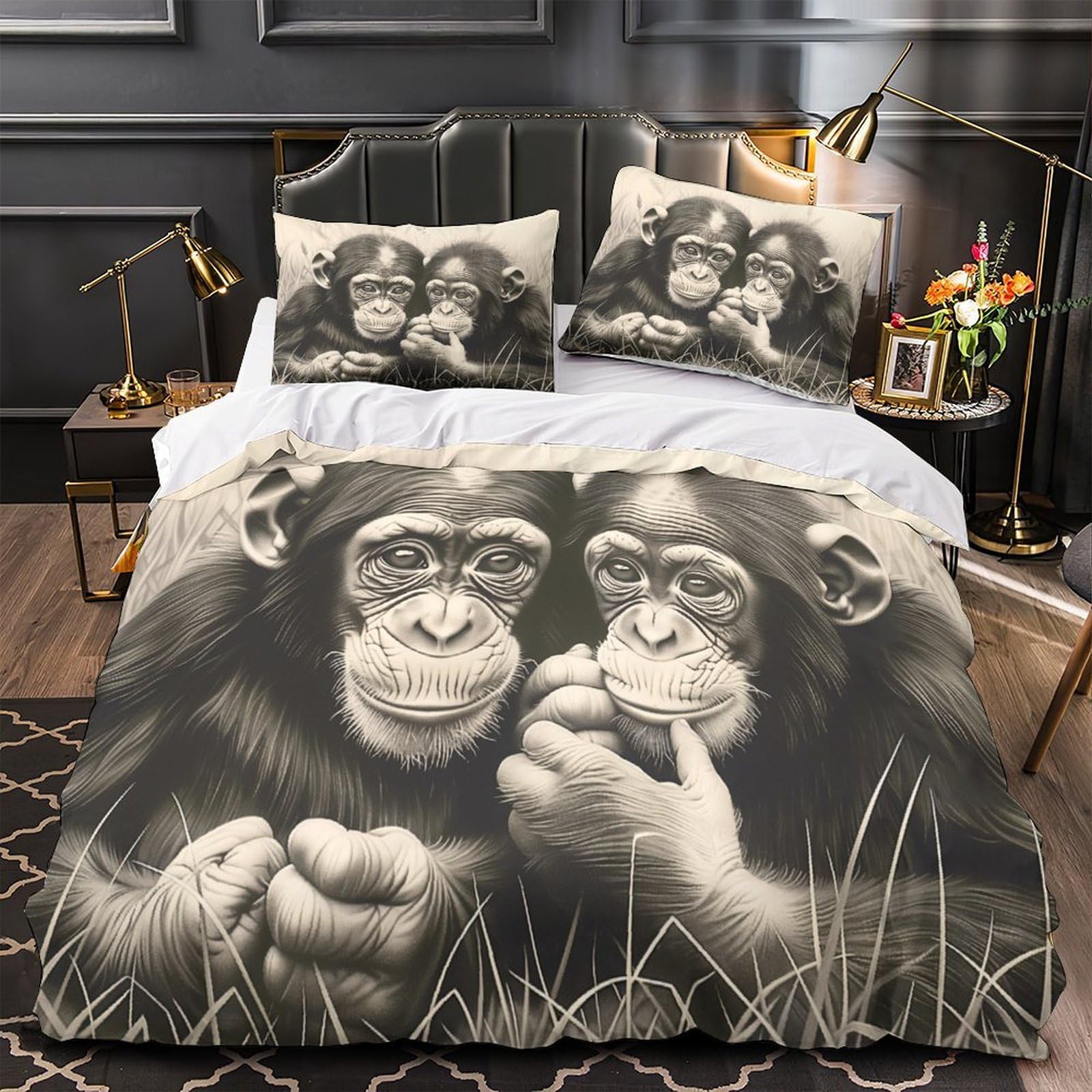 MMDASBVPE Chimpanzee Twins Quilt Cover 3D Print Easy Care 3 Pieces Bed Set Hidden Zipper Duvet Cover Extra Soft Hypoallergenic for Adults Kids Teens Women Youth Super king（260x220cm）