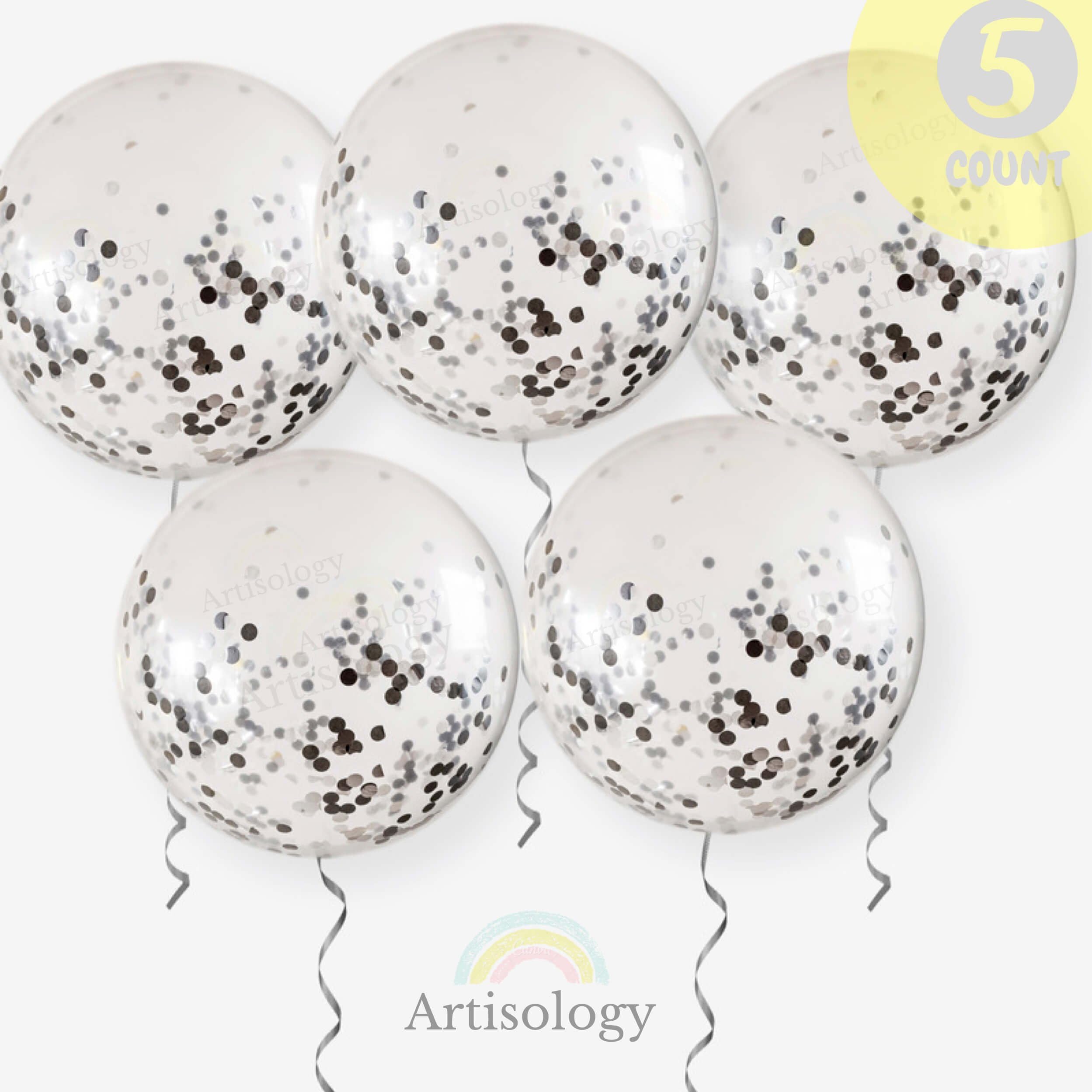 Artisology 36" Round Confetti Balloons | 5 Pack | Glam Any Special Event Like Birthday Party, Baby Gender Neutral or Baby Shower, Wedding, Bridal Shower Decorations(PRE-Filled) (Black/White/Silver)