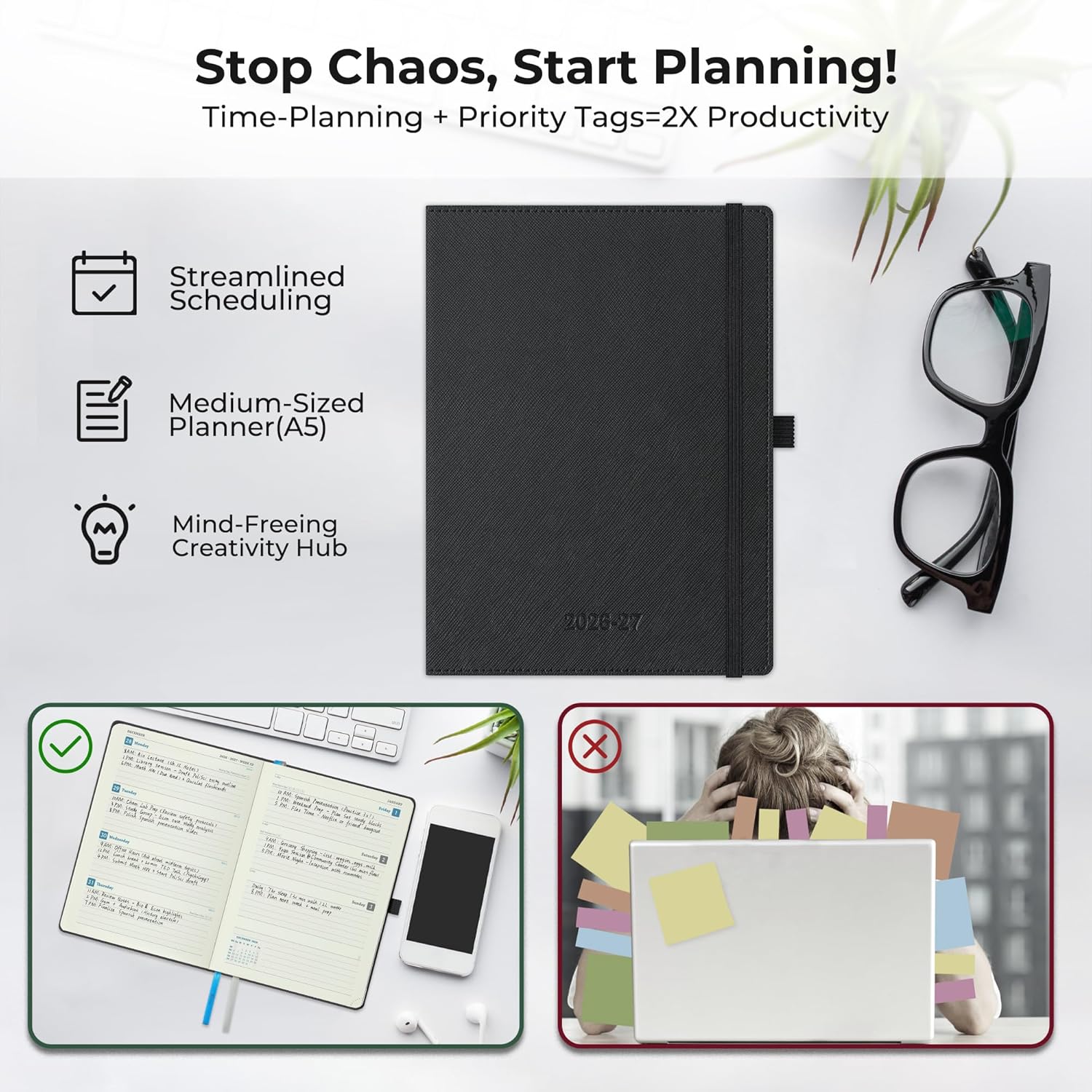 Weekly Monthly 2026-2027 Planner (July 26-Dec 27),8.5"x6.5",18 Months Agenda Plan with Month Tabs & Pocket,Expenses/Note Pages, Academic Calendar with Vegan Leather Cover,Black