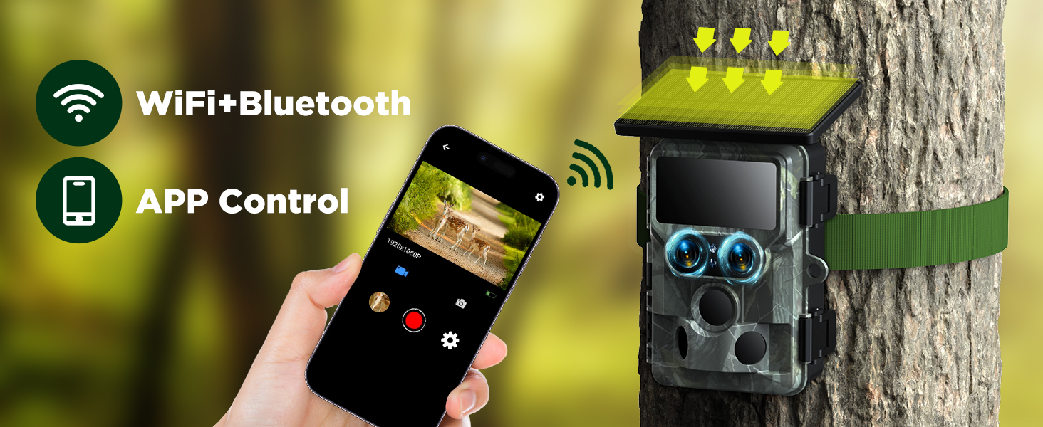 Amazon.com: 2025 Updated Trail Camera Solar Powered, Starlight Night Vision  Dual Lens 60MP 4K 30FPS WiFi Bluetooth Game Hunting Cameras with IMX458  Sensors 0.1S Trigger Deer Cam for Outdoor Wildlife Monitoring :