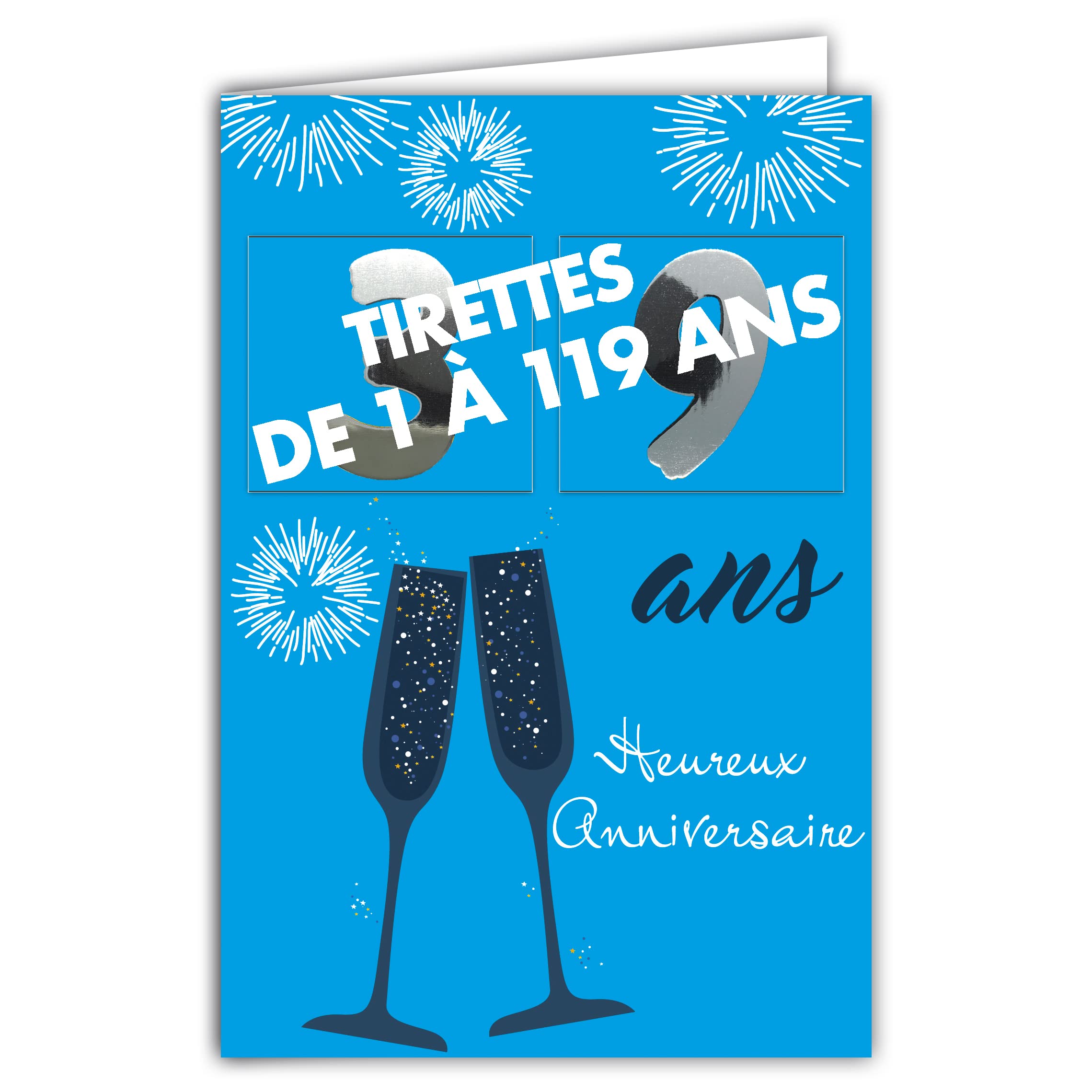 Afie 69-2504 Birthday Card with Pulls, Age from 1 to 119 Years, Shiny Silver for Men and Women – Coloured Text Inside – Envelope Included – Made in France – Colourages