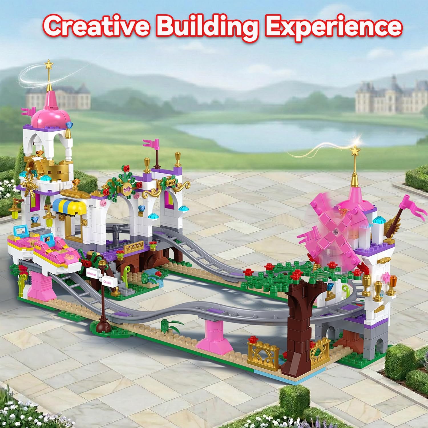 2 in 1 Castle Roller Coaster Building Set, 749 Pcs STEM Amusement Park Construction Kit for Kids, Pink Playground Blocks Birthday Gift Toys for Girls Ages 6 8-12