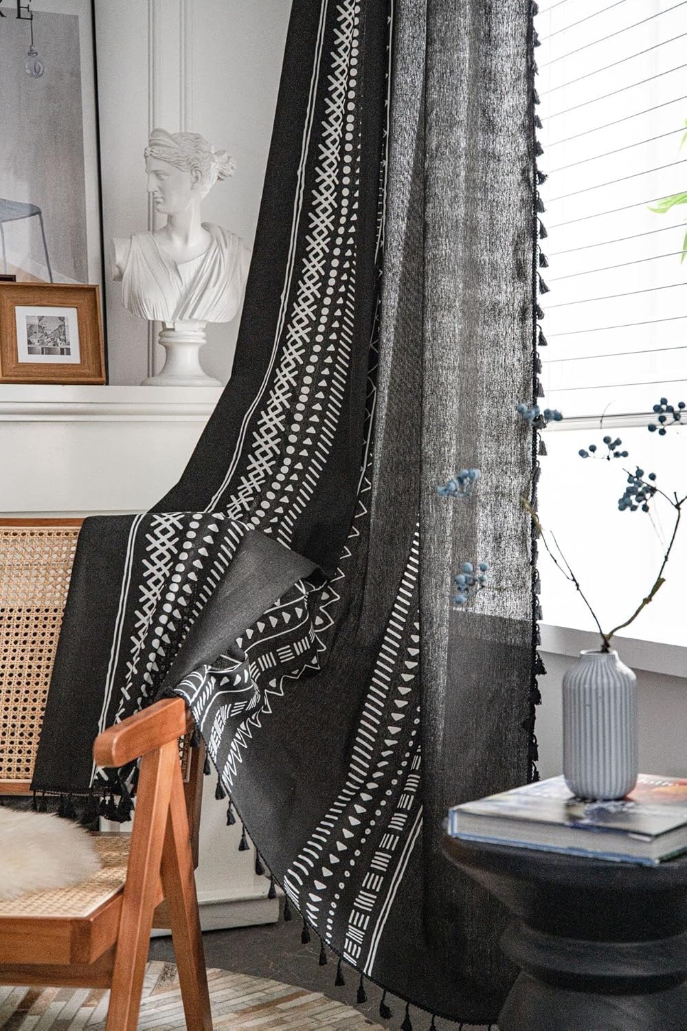 Bohemian Tassel Window Curtain Black Boho Style Geometric Printed Rod Pocket Window Drapes Cotton Linen Semi-Blackout Curtain for Bedroom Living Room Dining Room (59" W x 87" L)