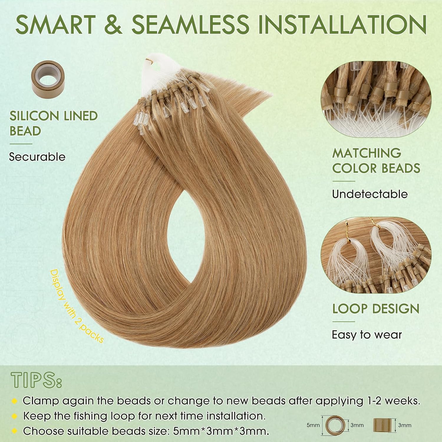 Hairro Micro Ring Hair Extensions Micro Link Human Hair Micro Beads Remy Hair Micro Loop Pre Bonded Cold Fusion I Tip Fish Line Hairpiece For Women 14 inch 50g 100 Strands #27 Dark Blonde