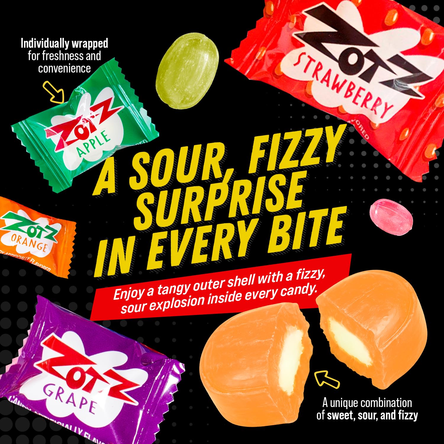 Zotz Fizzy Bulk Candy (Assorted, 425 Units)- Hard Candy Individually Wrapped- Assorted 7 Fruit Flavors, Cherry, Watermelon, Strawberry, Blue Raspberry, Apple, Orange & Grape- From Italy Since 1970