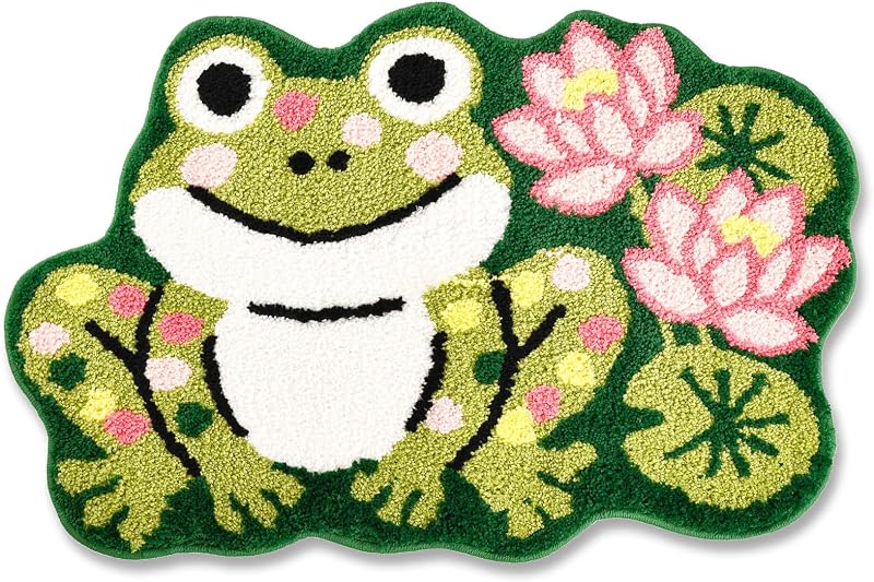 Cute Frog Lotus Tufted Bathroom Rug & Kawaii Bath Mat, 19.7"x29.5" | Soft Plush, Non-Slip White Rubber Backing, Washable, Absorbent & Quick Dry, Home Decor, Floor Door Mat for Shower, Tub, Sink