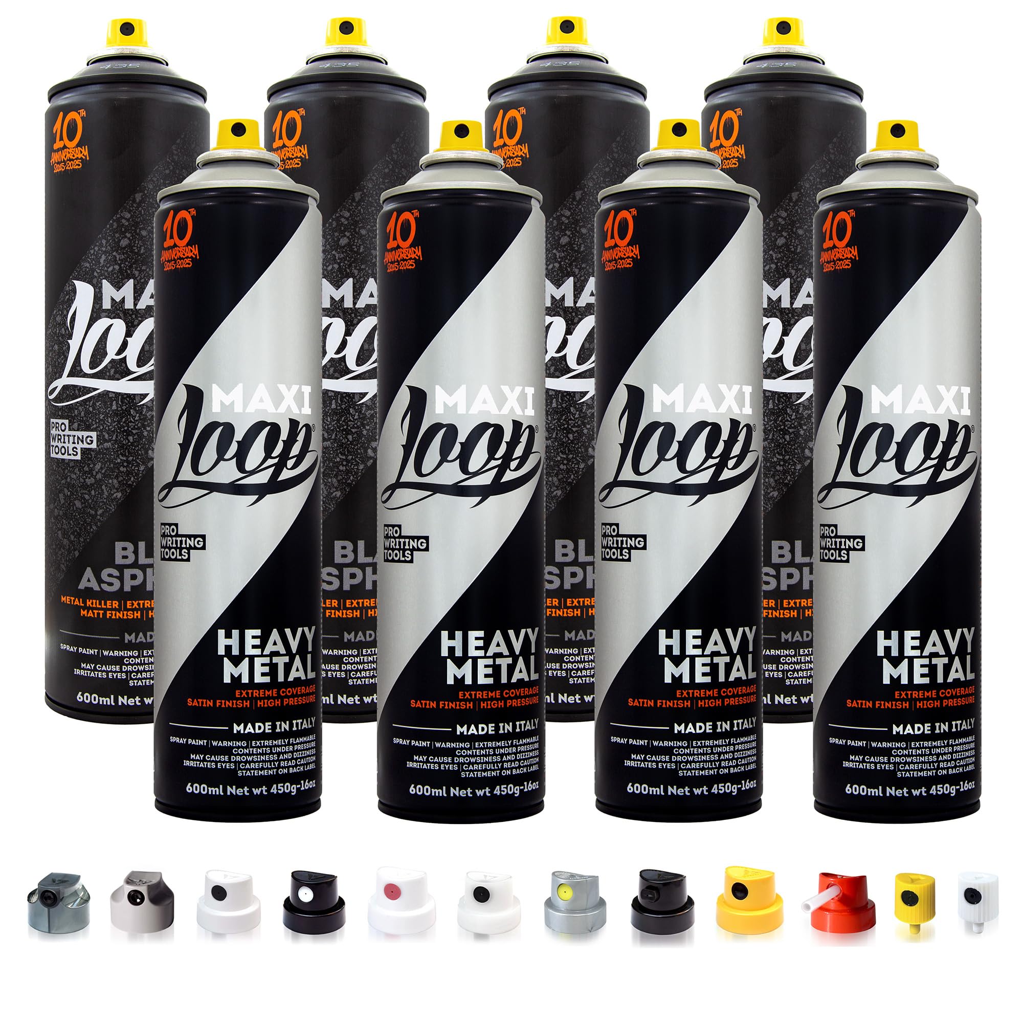 Betterrun LOOP Sprühdosen Set Silber Schwarz - 8 x 600ml Acryllack + 10x Sprühaufsätze - Graffiti Spray Cans