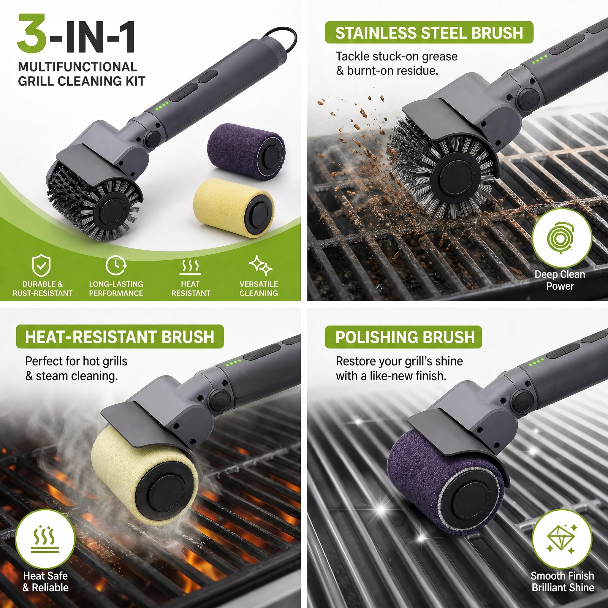 Kit 3 in 1 con spazzola elettrica per barbecue, senza fili, con setole metalliche rinforzate sicure, durata di 2 ore, impermeabile e lavabile in lavastoviglie, spazzole rimovibili per una pulizia