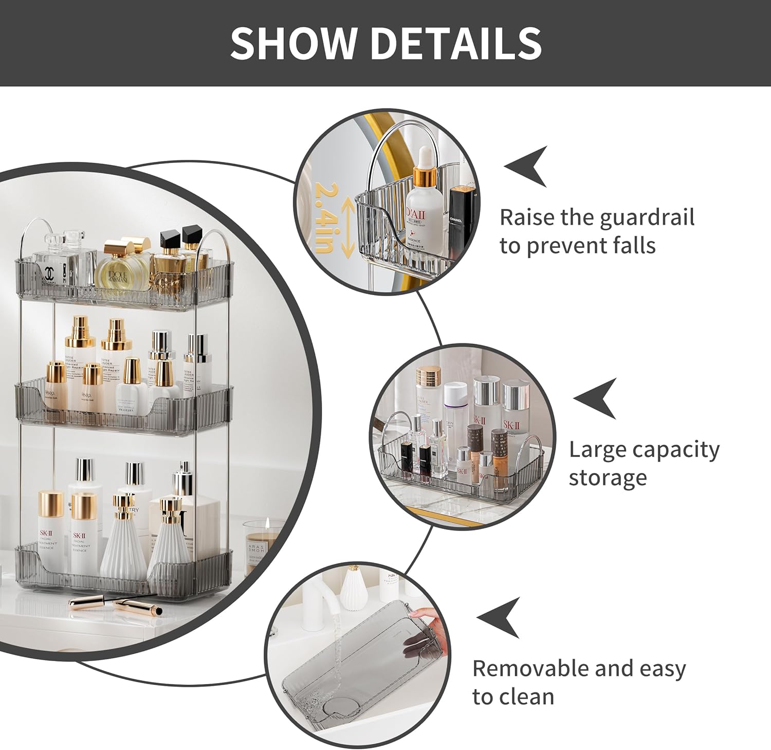 3 Tier Bathroom Organizer Countertop Makeup Perfume Tray Skincare Organizer for Bathroom Dresser Vanity (Grey) - Image 6